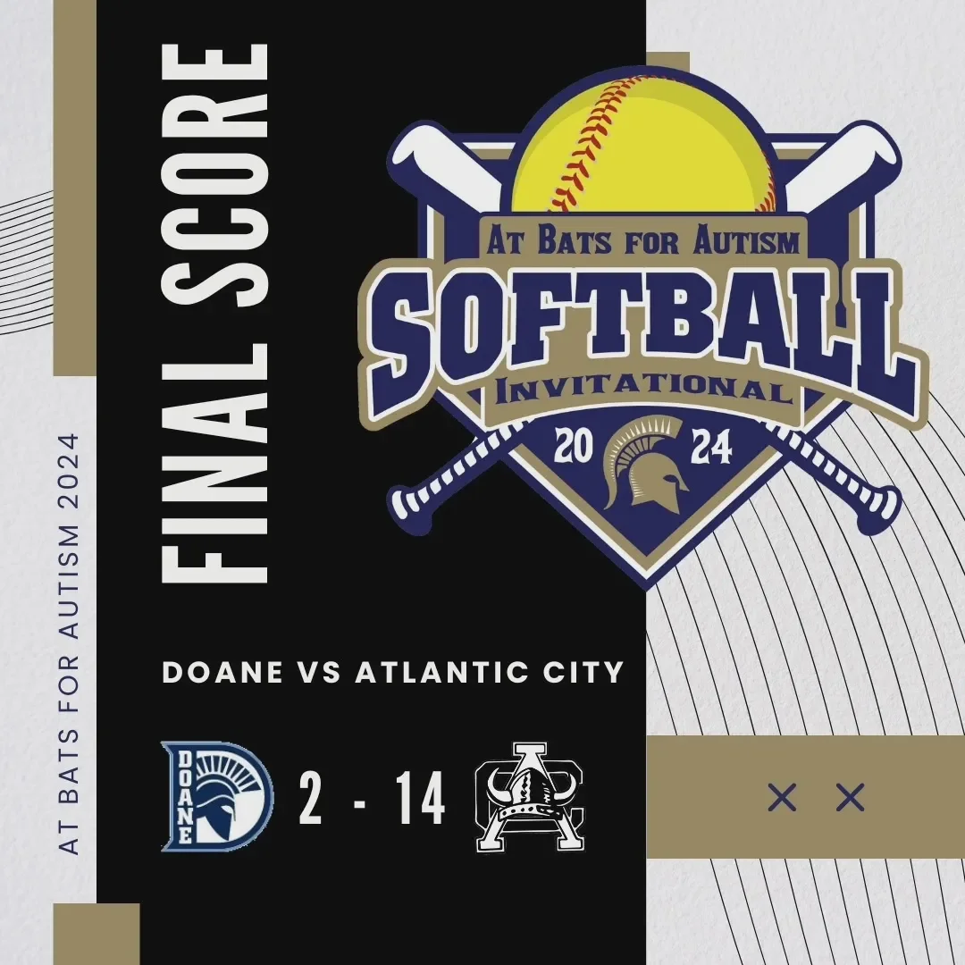 Softball tournament final score poster for At Bats for Autism 2024, featuring a softball, bats, and a Spartan helmet logo, with a game between Doane and Atlantic City.