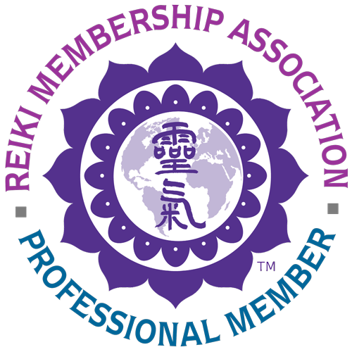 Logo of Reiki Membership Association with a purple lizard and text indicating professional member status.