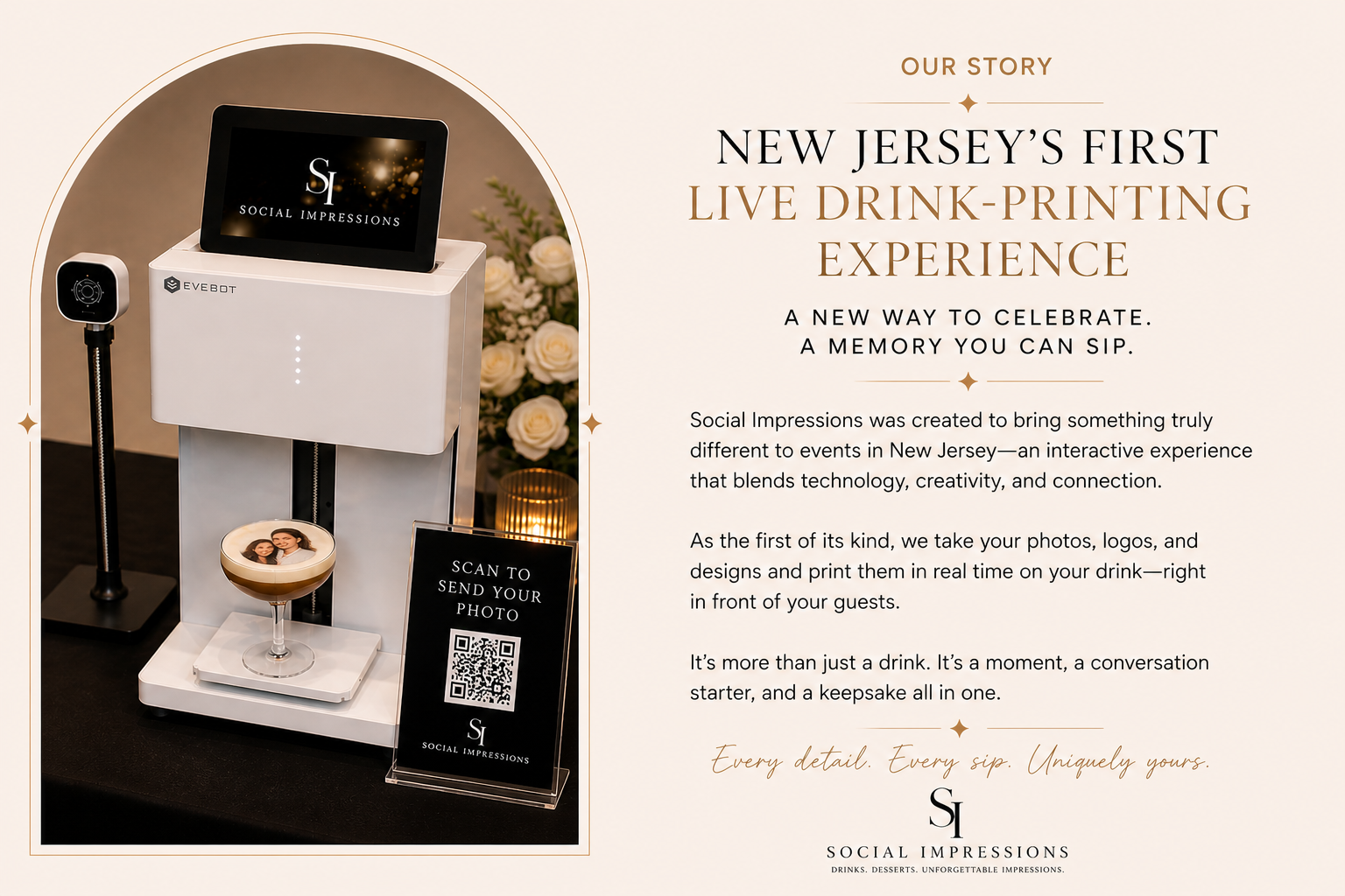 An advertisement for Social Impressions featuring a live drink-printing experience. On the left, a device with a screen displays the company's logo, beside a camera and a framed photo on a drink. On the right, text explains the event's concept as an interactive way to create personalized drinks with printed photos, logos, or designs, emphasizing its role as a conversation starter and keepsake.