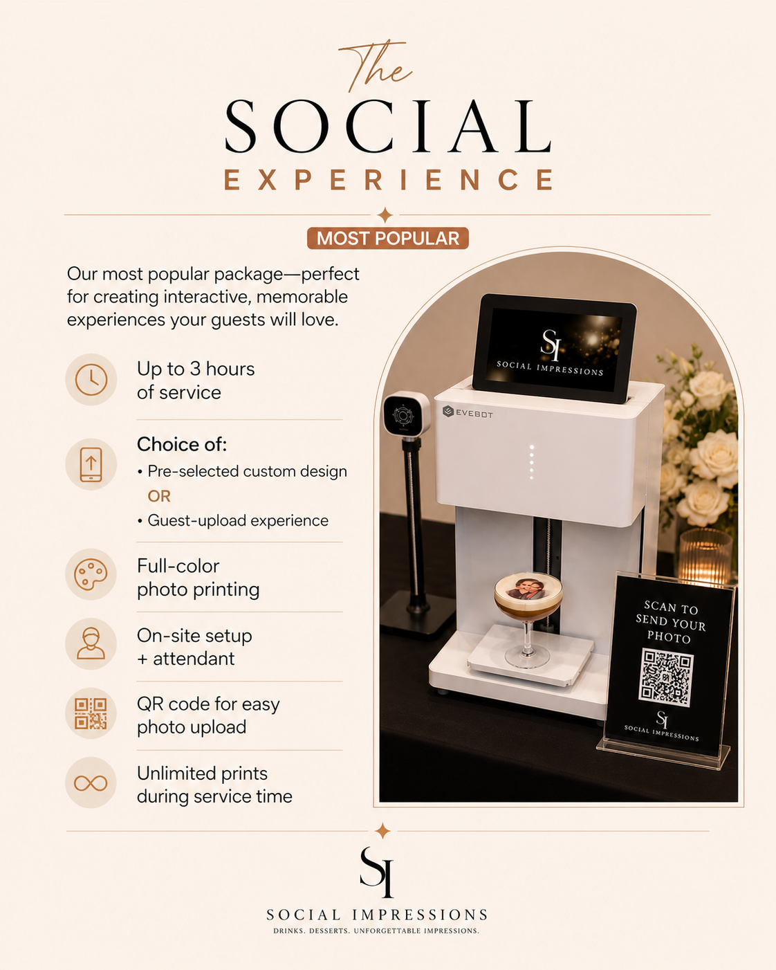 Advertisement for a social media printing kiosk featuring a monitor with social impressions logo, a photo printing station, QR code, and a sign instructing to scan to send a photo.