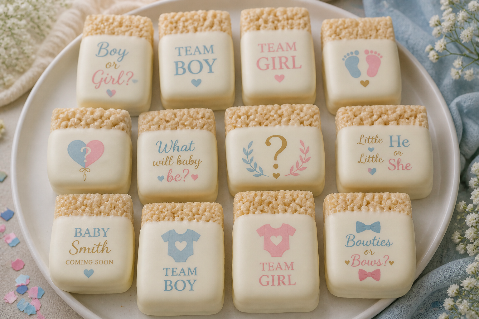 Decorative cookies with pink, blue, and gold messages and symbols for gender reveal, including phrases like "Boy or Girl?", "Team Boy", "Team Girl", and images of balloons, footprints, a question mark, and baby clothing.