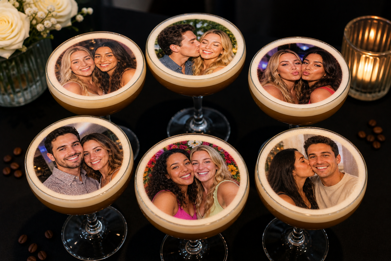 Six cocktails in martini glasses with personalized photos of couples on top, surrounded by flowers and candles.