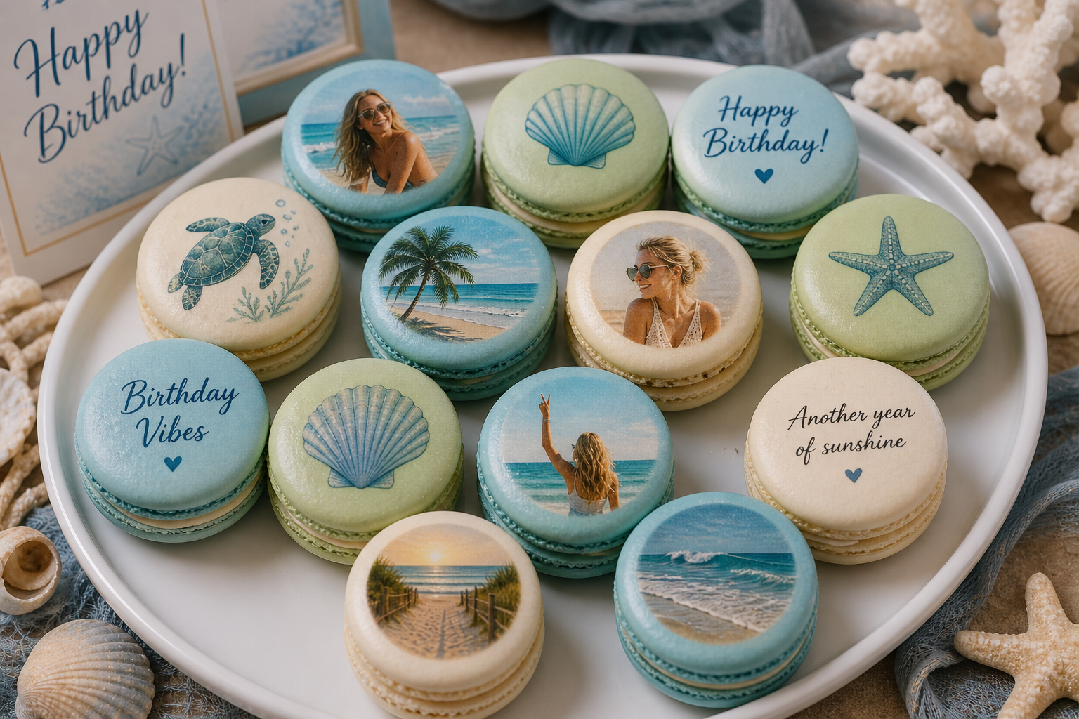Assorted coastal-themed macarons on a white platter, decorated with beach scenes, shells, starfish, a turtle, a woman in sunglasses at the beach, and birthday messages like "Happy Birthday" and "Birthday Vibes."