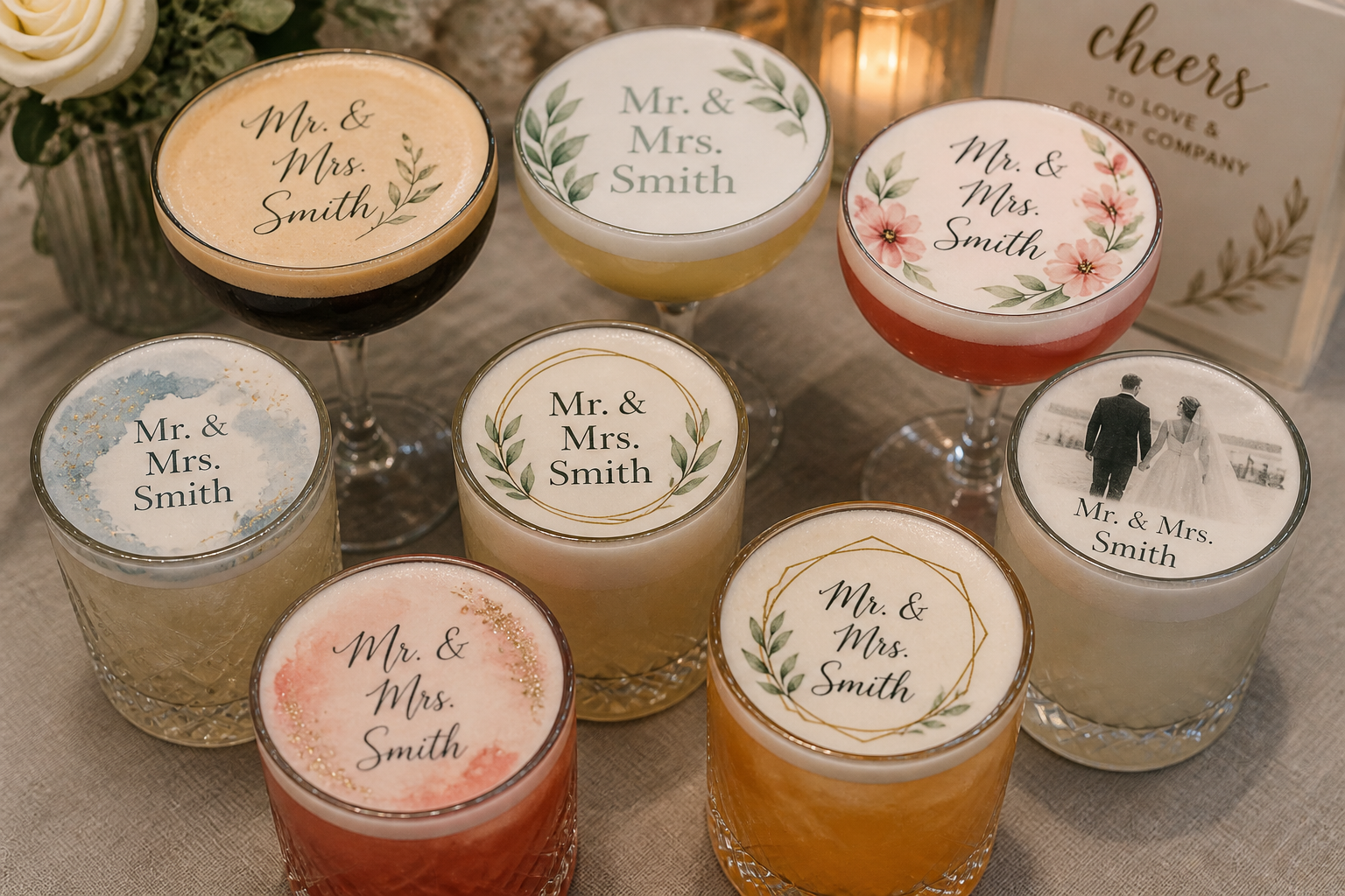 Colorful drinks in glasses, some with floral or wedding-themed labels reading "Mr. & Mrs. Smith" or "Mr. & Mrs." with various designs, on a table at a wedding reception.
