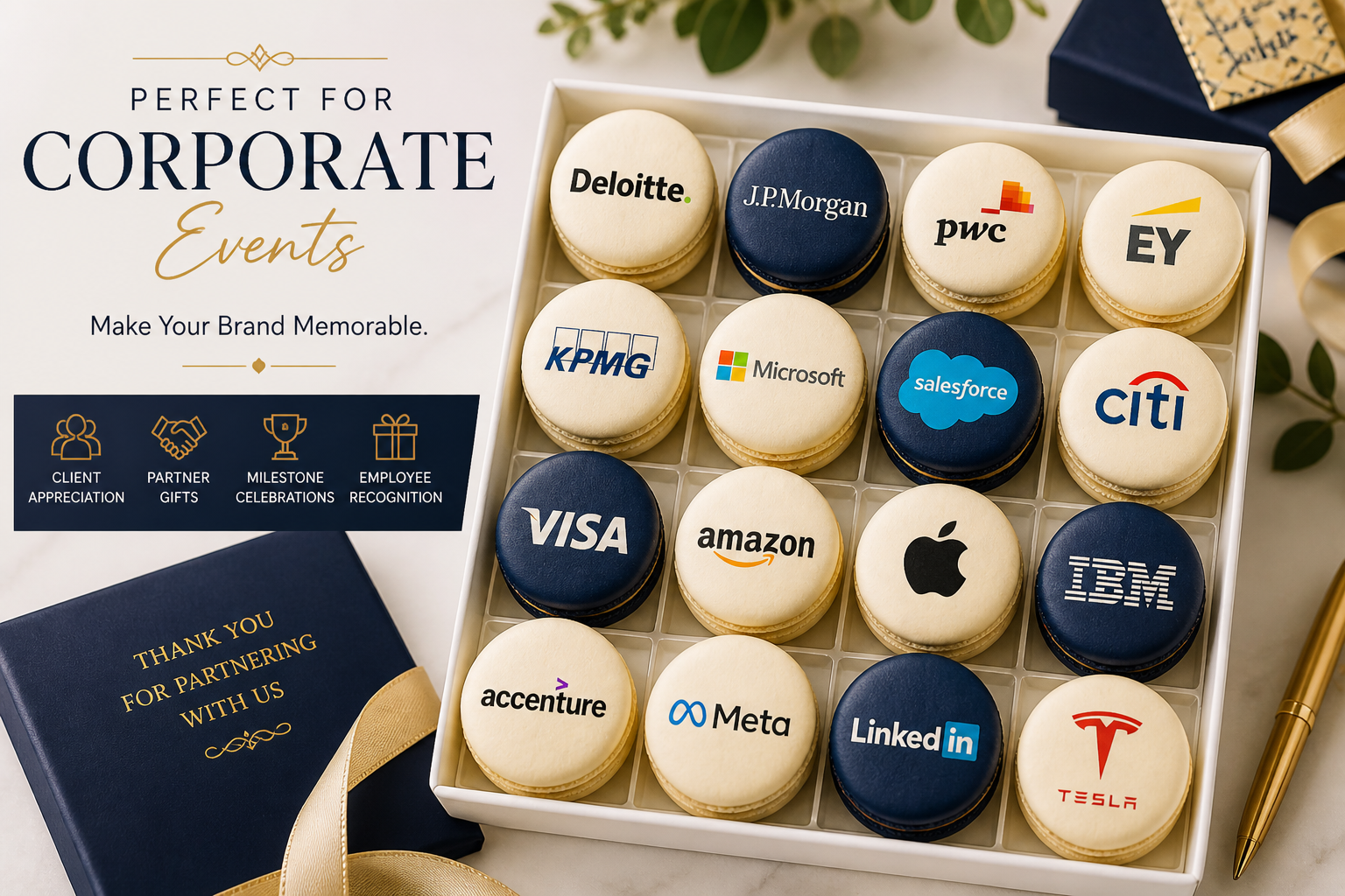 Box of cookies decorated with logos of corporate companies such as Deloitte, J.P. Morgan, PwC, EY, KPMG, Microsoft, Salesforce, Citi, Visa, Amazon, Apple, IBM, Accenture, Meta, LinkedIn, Tesla. A thank you card and a gold pen are also visible.