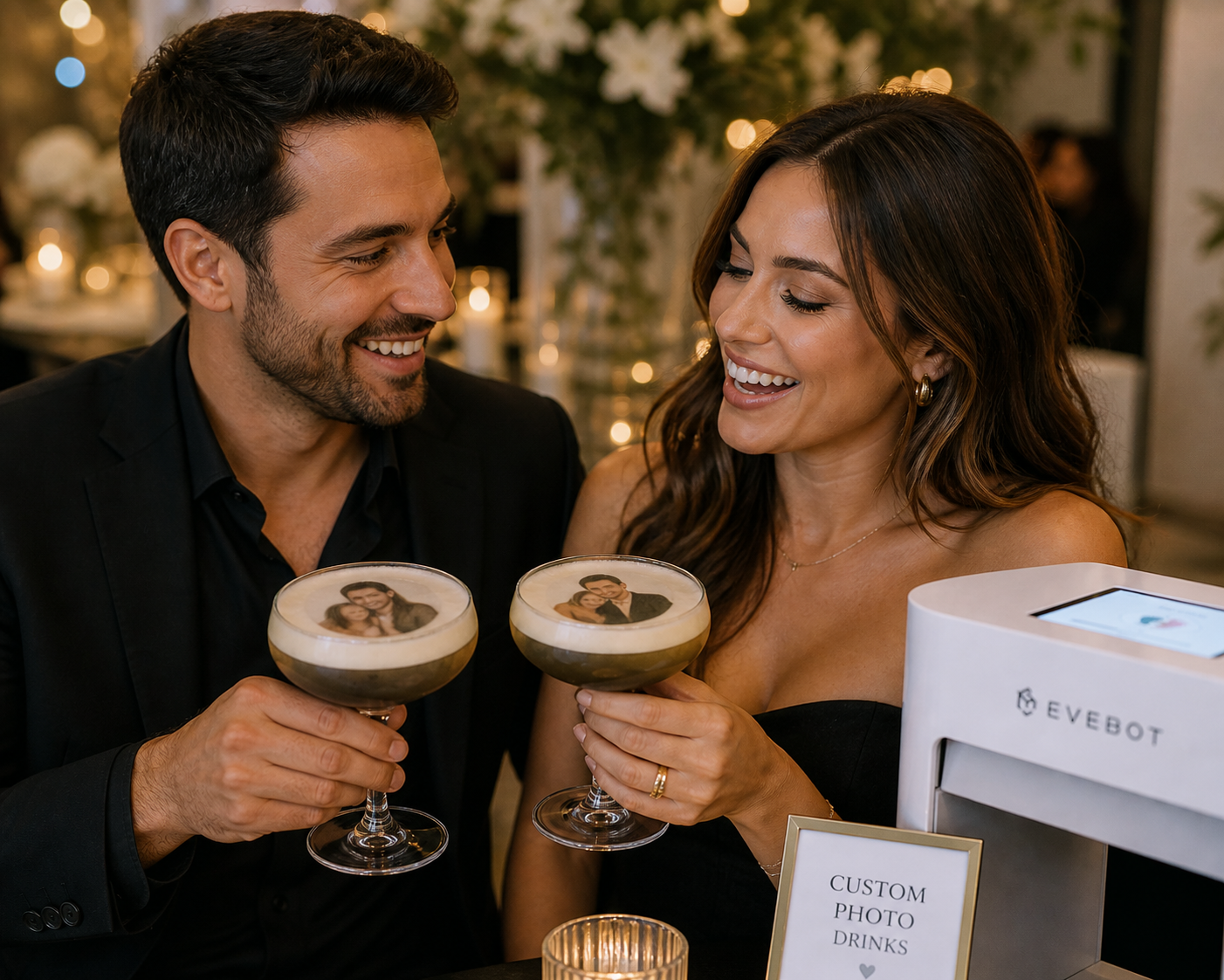 A man and woman at a celebration holding cocktails with edible photos of the couple on top, smiling at each other. The background features soft lighting and floral decorations.