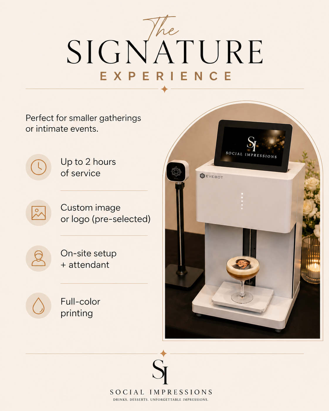 A promotional flyer for The Signature Experience, a photo booth service by Social Impressions. The flyer highlights features such as up to 2 hours of service, custom images or logos, on-site setup with an attendant, and full-color printing. The right side shows a photo booth with a screen displaying the company's logo and a camera for taking photos.