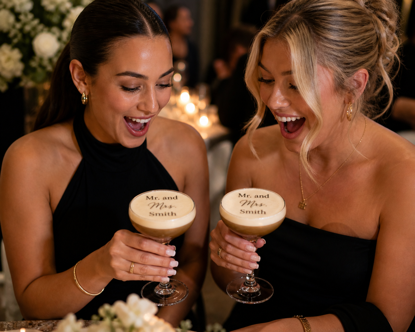 Two women at a wedding reception smiling and holding cocktails with 'Mr. and Mrs. Smith' written on top.
