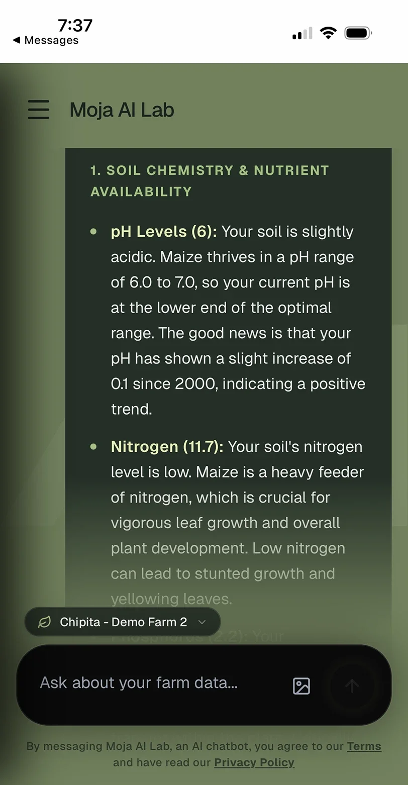 Screenshot of the Moja AI Lab chatbot showing a soil chemistry analysis, including pH and nitrogen levels for a demo farm