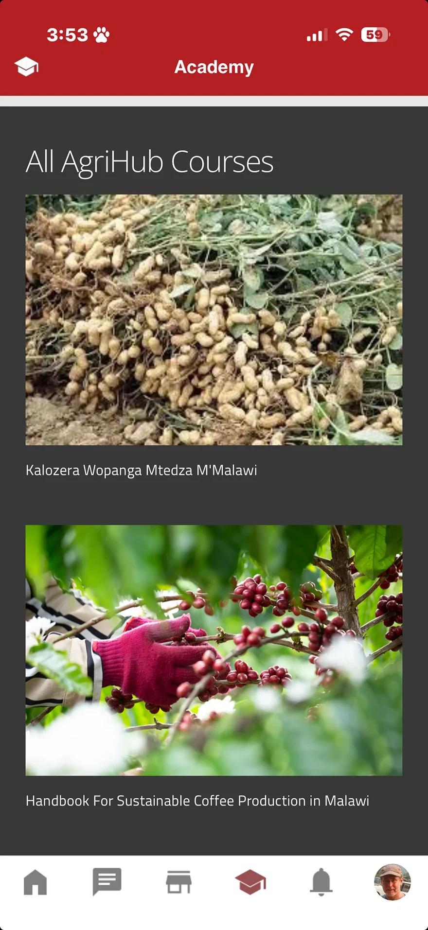 Screenshot of the Moja Academy course list, showing 'Kalozera Wopanga Mtedza M'Malawi' and a handbook for sustainable coffee production in Malawi