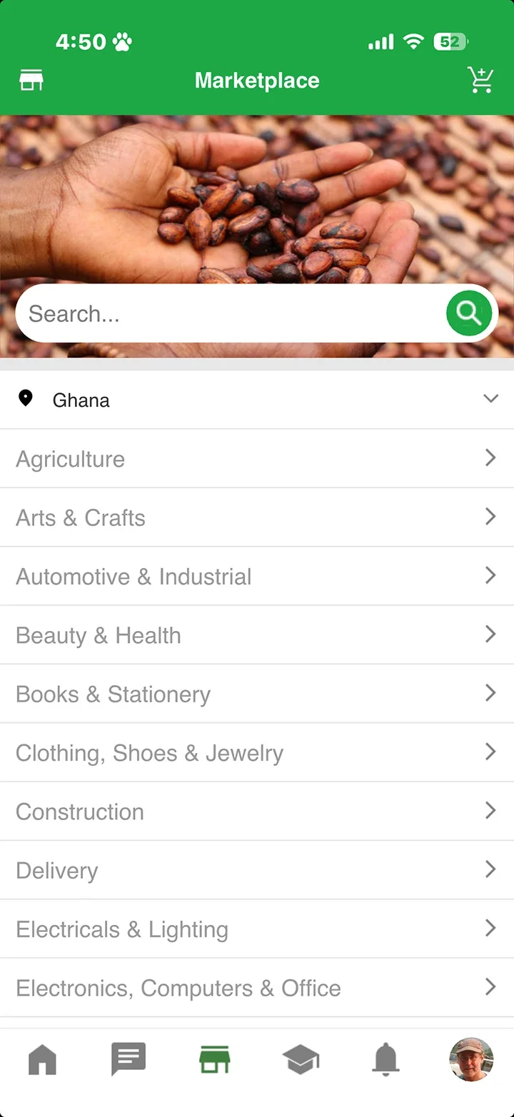 Screenshot of the Moja Marketplace showing product categories for Ghana, including Agriculture, Arts & Crafts, and Construction