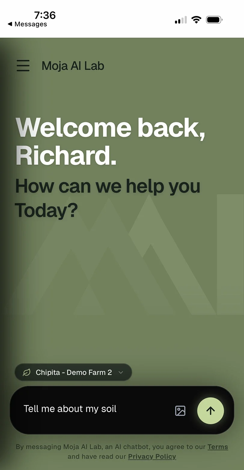 Screenshot of the Moja AI Lab chatbot welcome screen with the prompt 'Tell me about my soil'