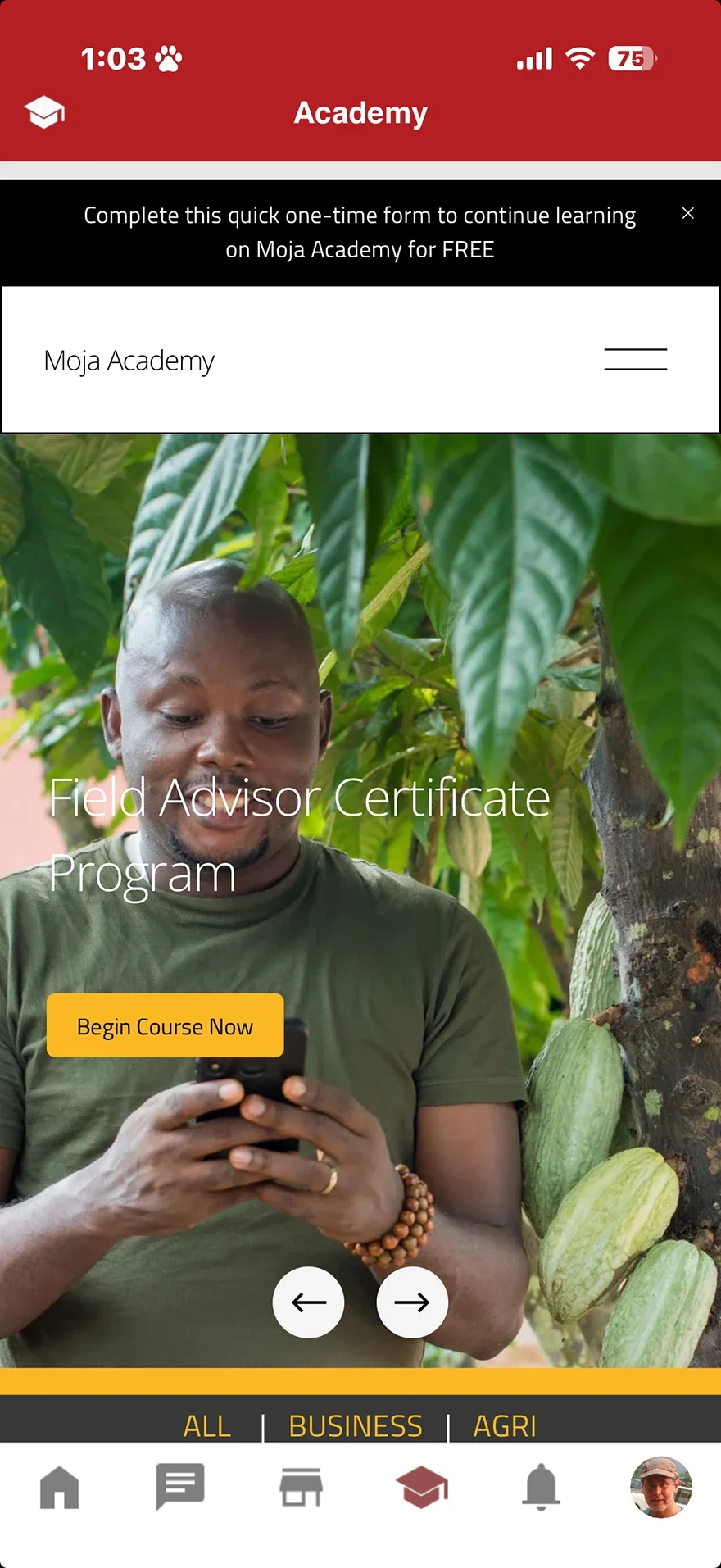 Screenshot of the Moja Academy app featuring the Field Advisor Certificate Program, with a 'Begin Course Now' button