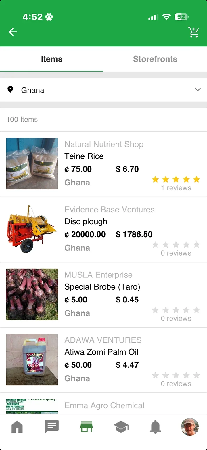 Screenshot of Moja Marketplace listings in Ghana, including rice, a disc plough, taro, and palm oil