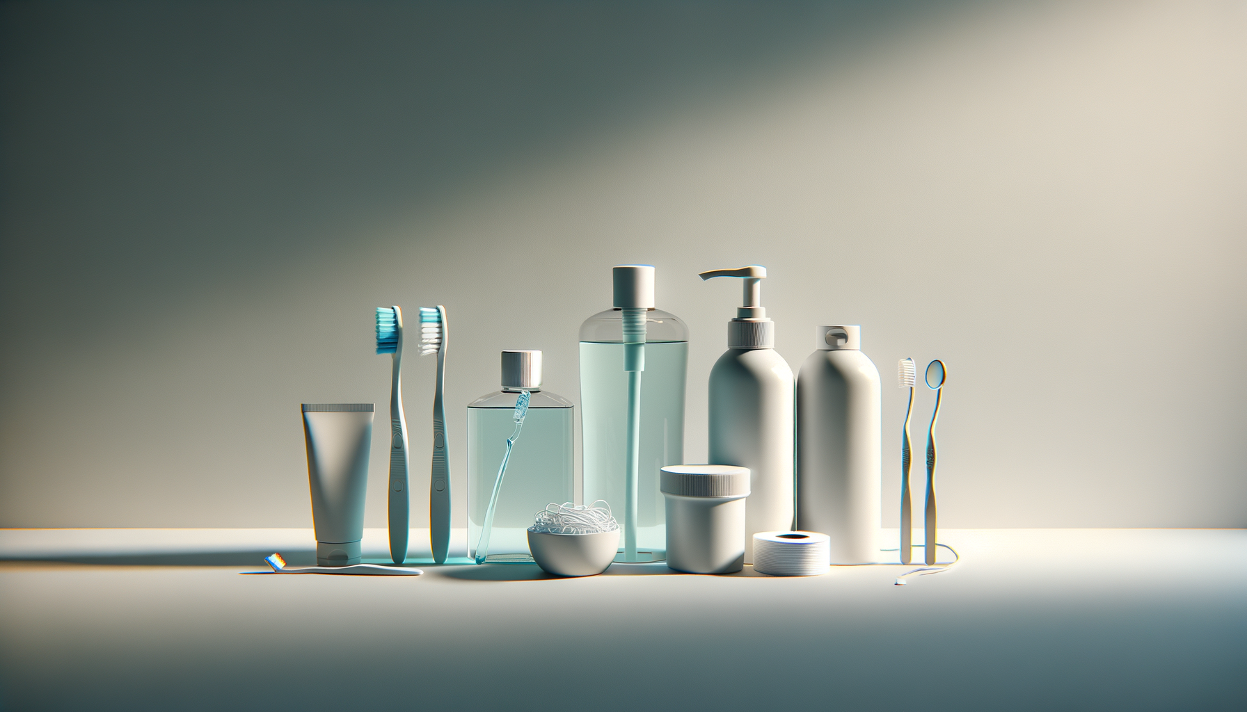 Collection of dental hygiene products including toothbrushes, toothpaste, mouthwash, dental floss, and dental tools on a neutral background.