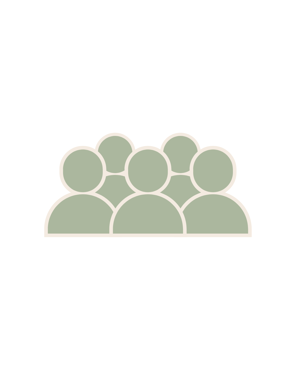 Icon of a group of six stylized people with their heads and shoulders visible, arranged in two rows, on a black background.