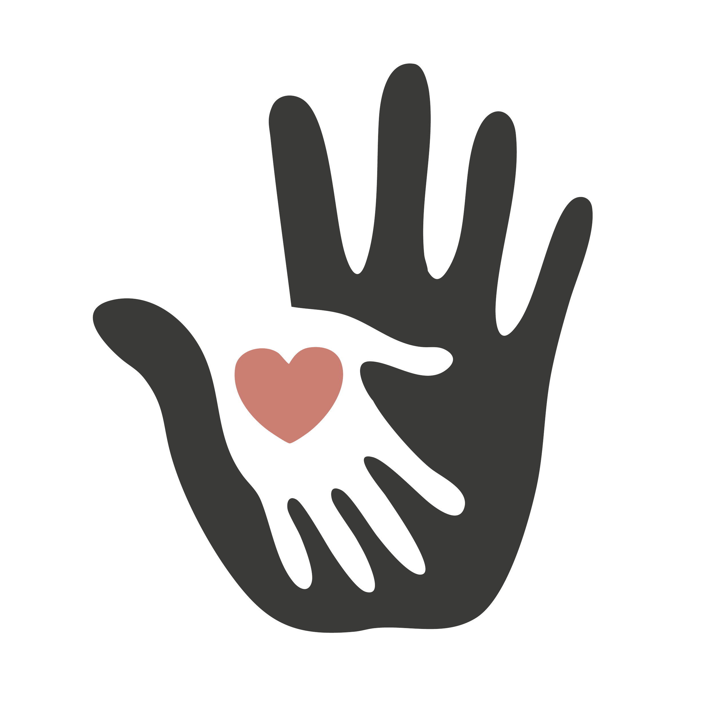 A silhouette of a hand with five fingers extended, holding a small pink heart.