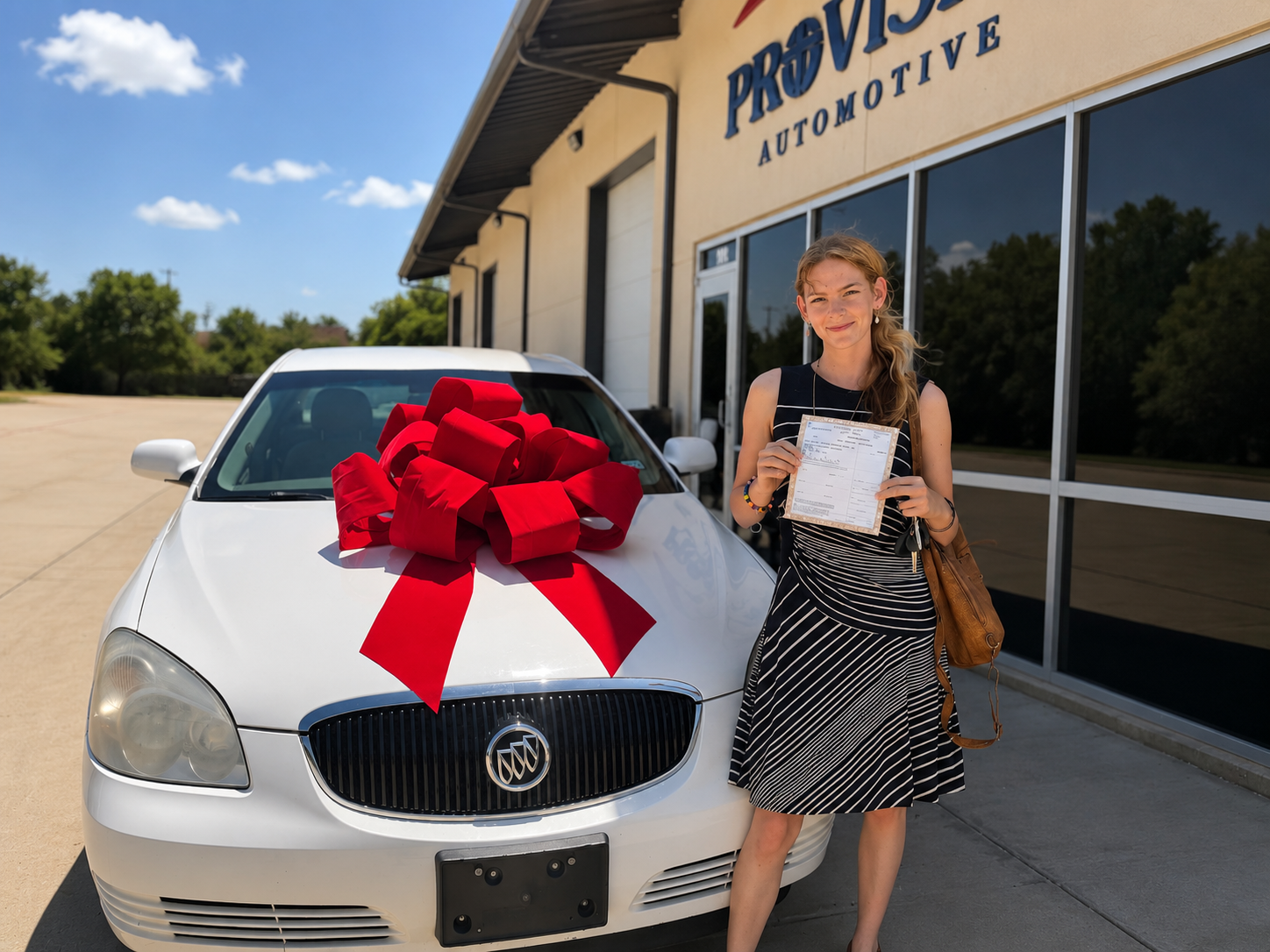 A young woman standing next to a white car with a large red ribbon on the hood, holding a paper and smiling outside an automotive dealership.