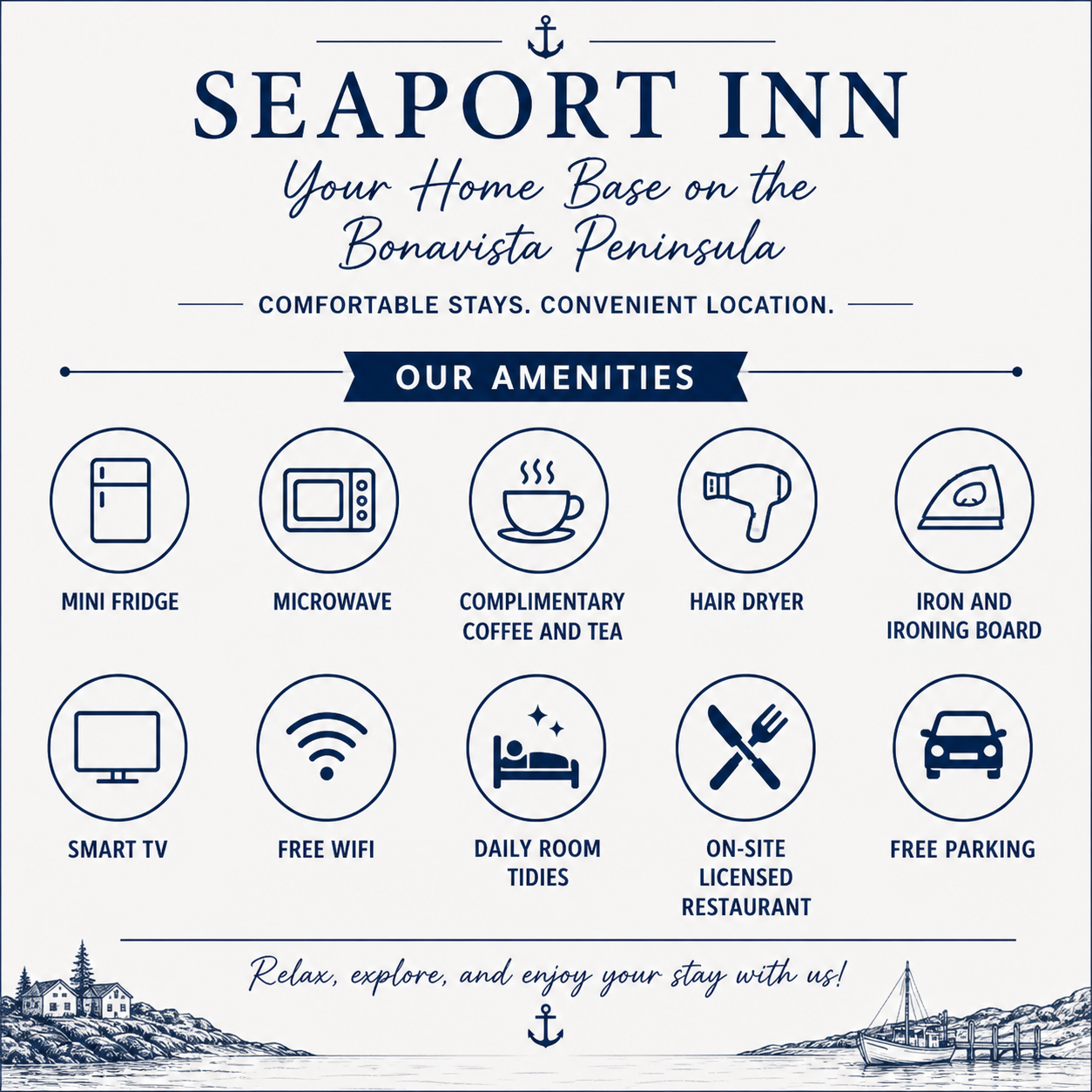Seaport Inn amenities listed, including mini fridge, microwave, complimentary coffee and tea, hair dryer, iron and ironing board, smart TV, free Wi-Fi, daily room tidies, on-site licensed restaurant, and free parking.