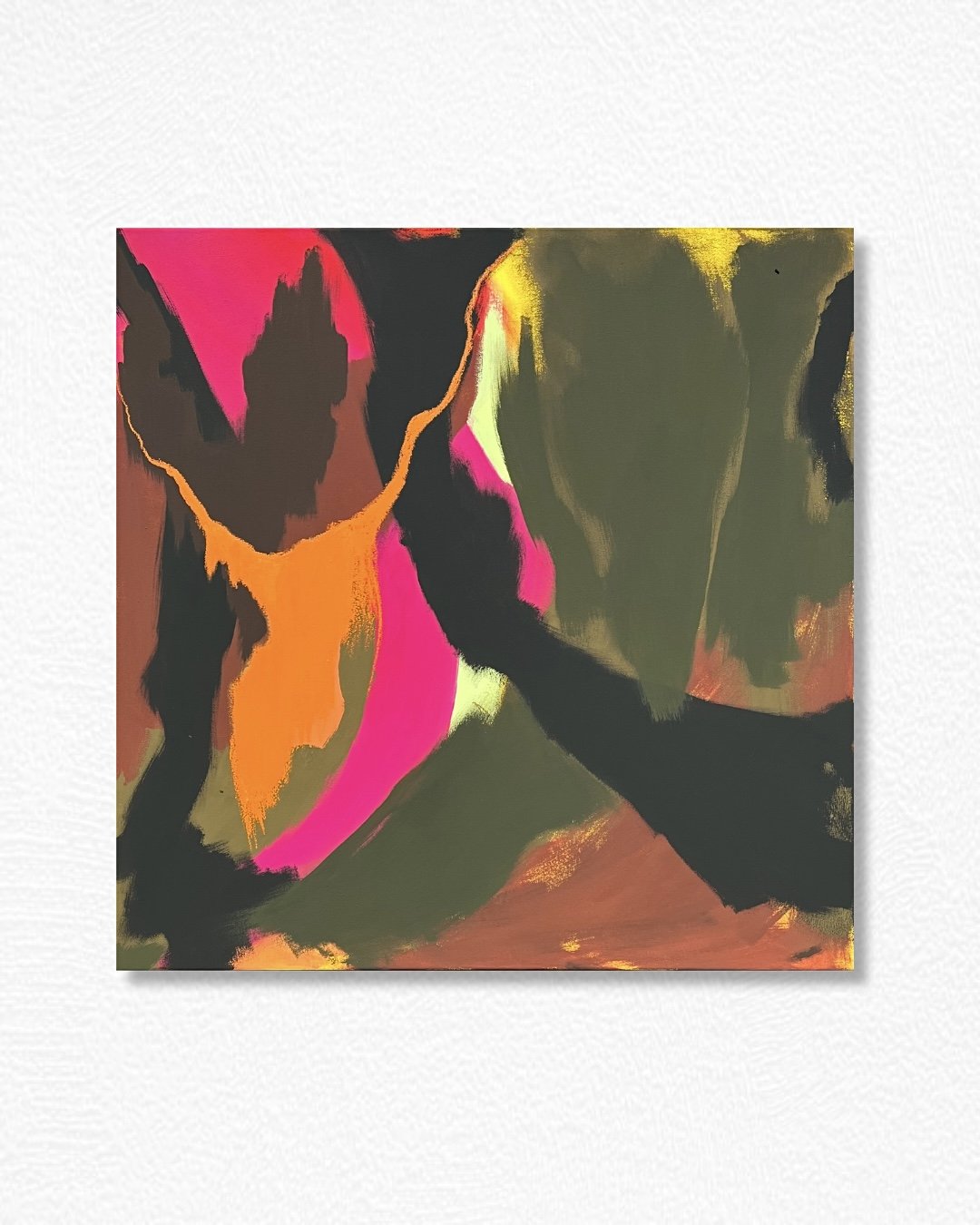 Abstract colorful painting with black, pink, orange, and yellow brushstrokes on a canvas.