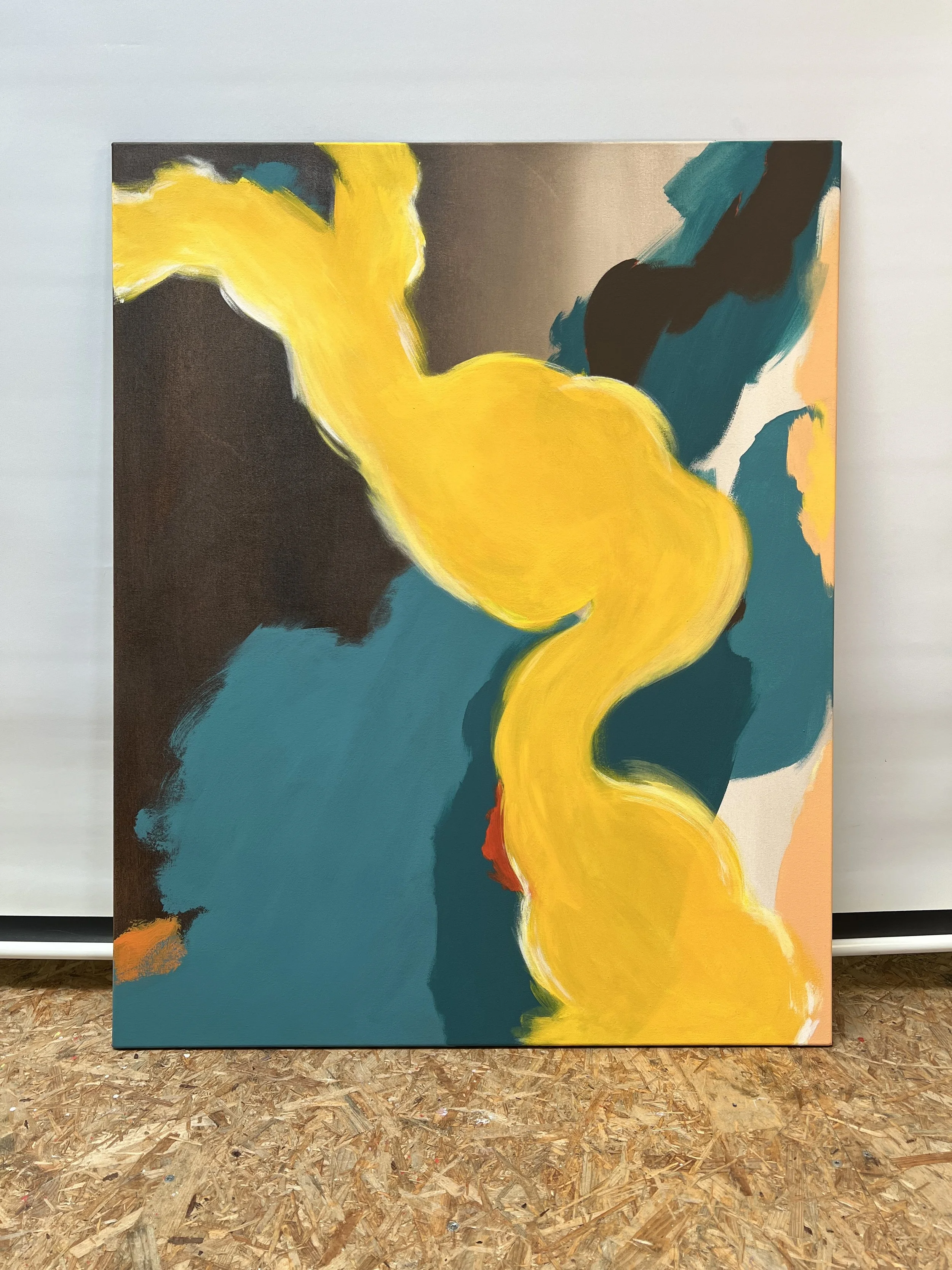 Abstract painting with bold swaths of yellow, black, gray, teal, and peach colors, featuring fluid shapes and expressive brushstrokes.