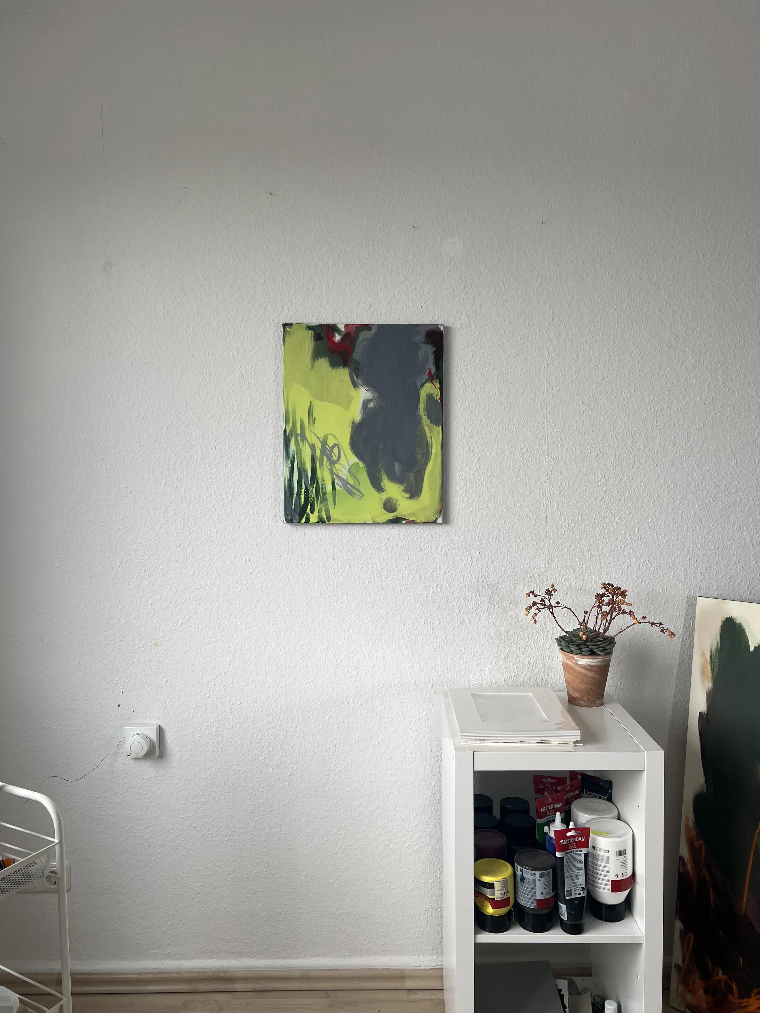 A white wall with a small abstract painting hanging above a white storage unit filled with paint cans, a potted plant, and various items. To the right, part of a colorful artwork is visible.