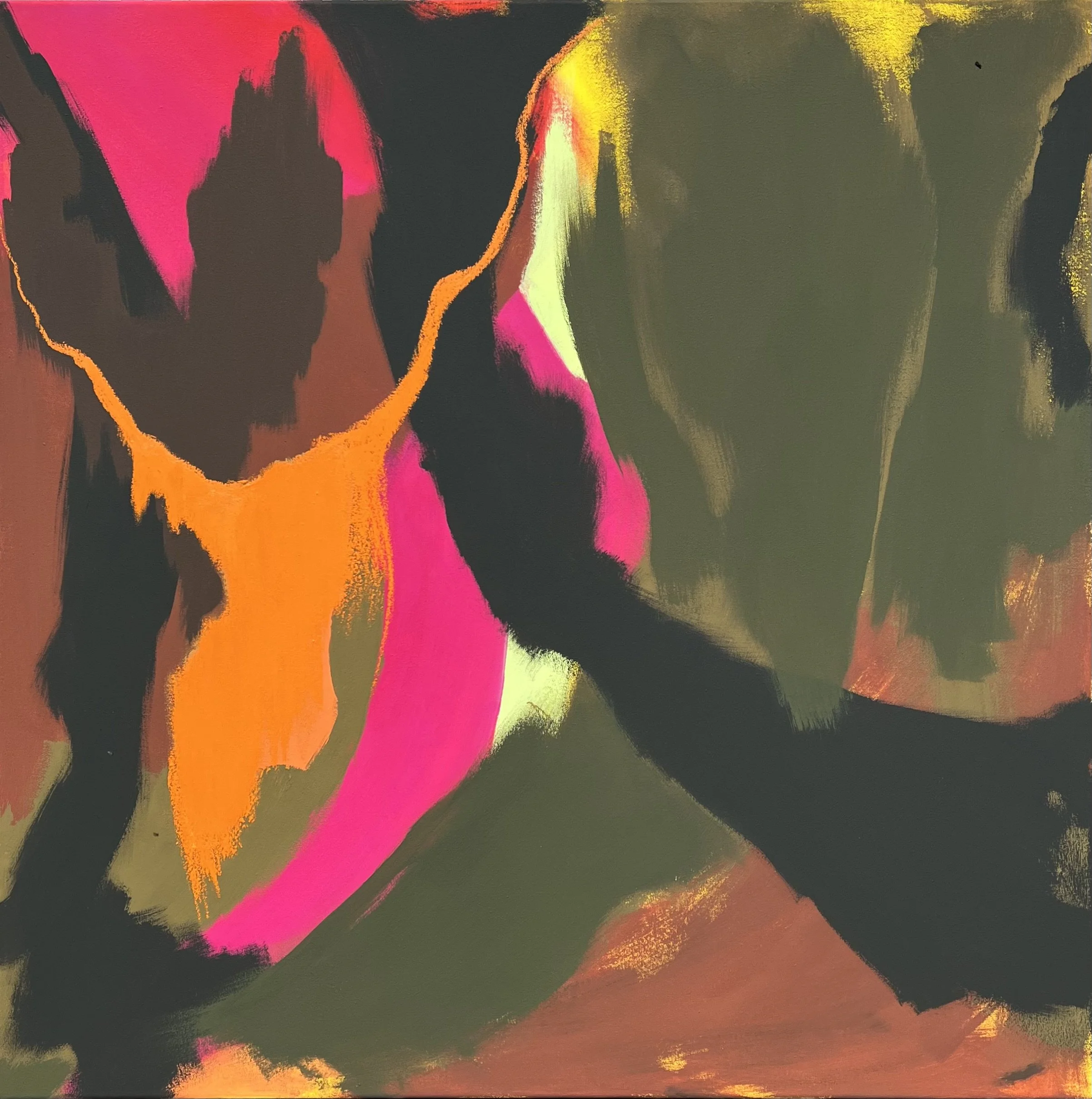 Abstract painting with bold streaks of pink, orange, yellow, and dark green colors blending together.
