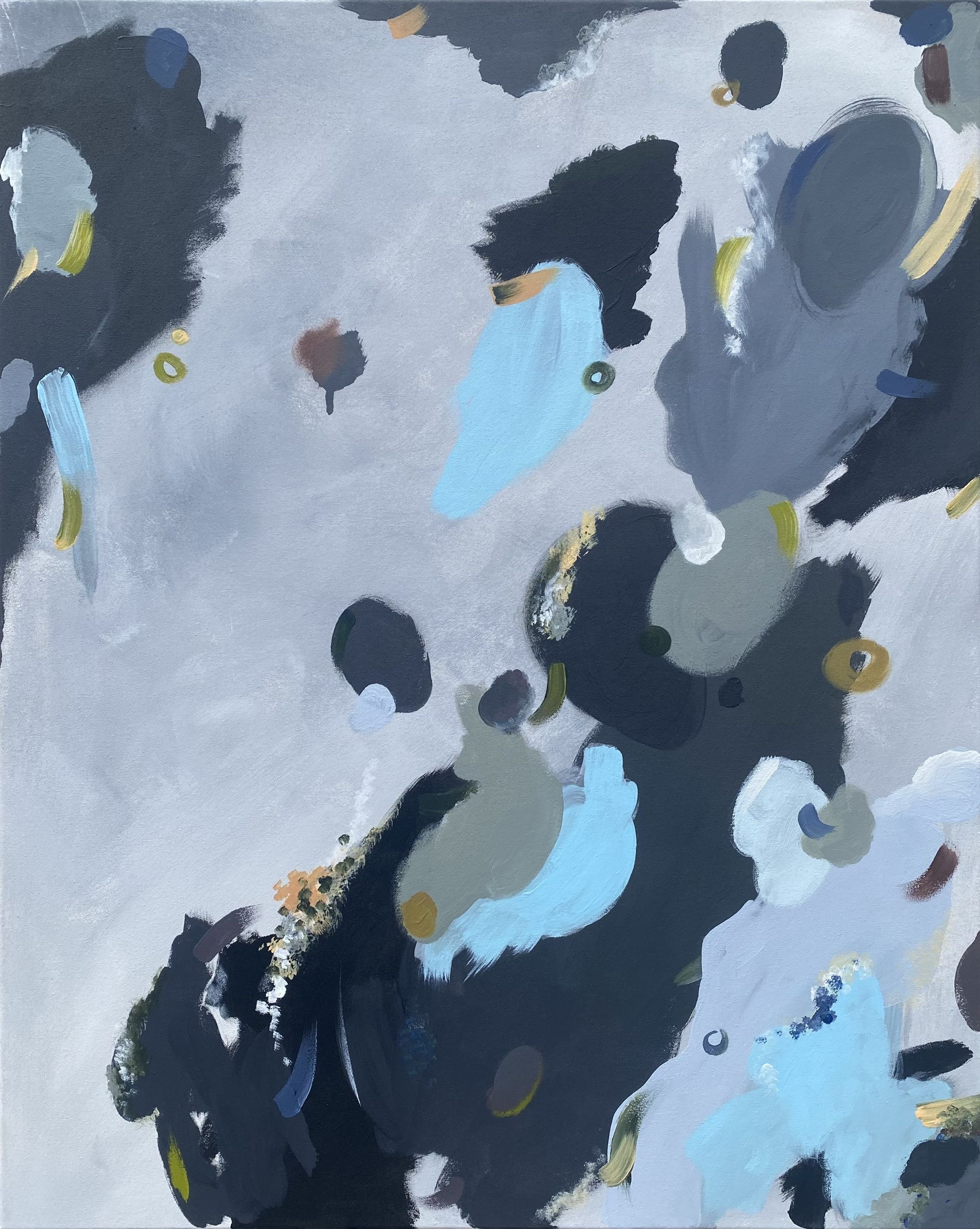 Abstract painting with dark and light shades of blue, gray, black, white, and touches of yellow and brown.