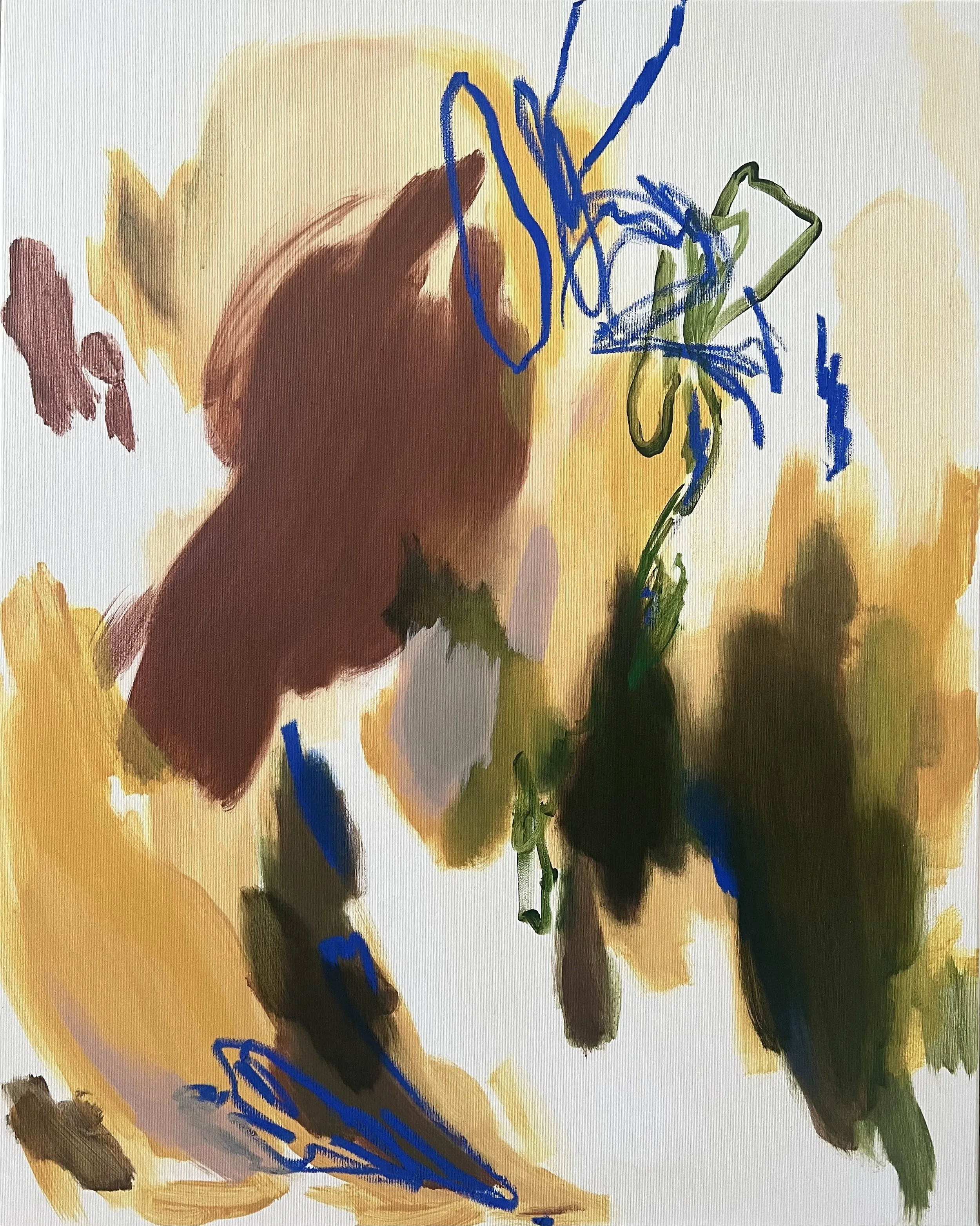 Abstract watercolor painting with splashes of yellow, brown, black, and green hues, overlaid with blue and green squiggly and curved lines.