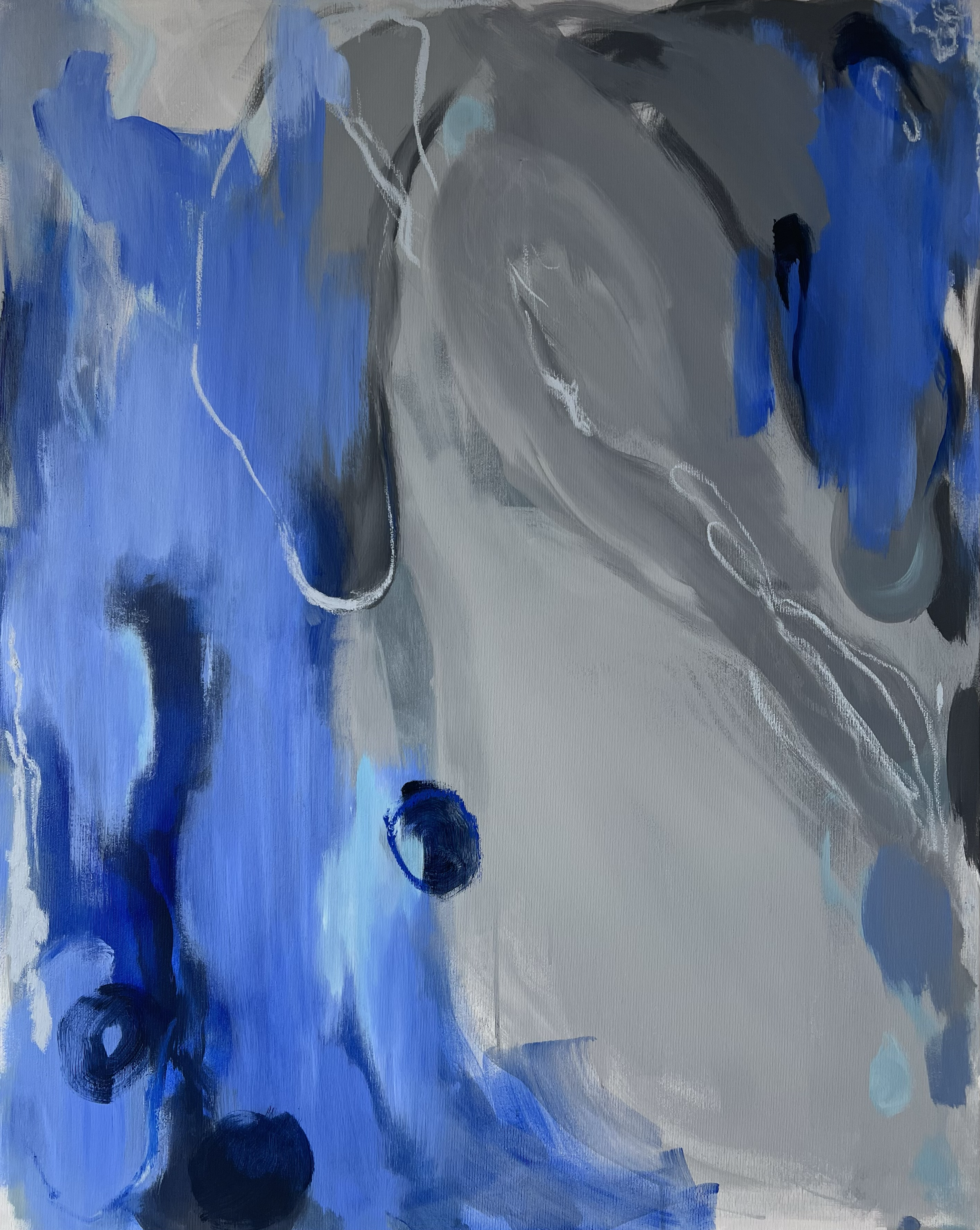 Abstract painting featuring shades of blue, gray, black, and white with various brush strokes and circular shapes.