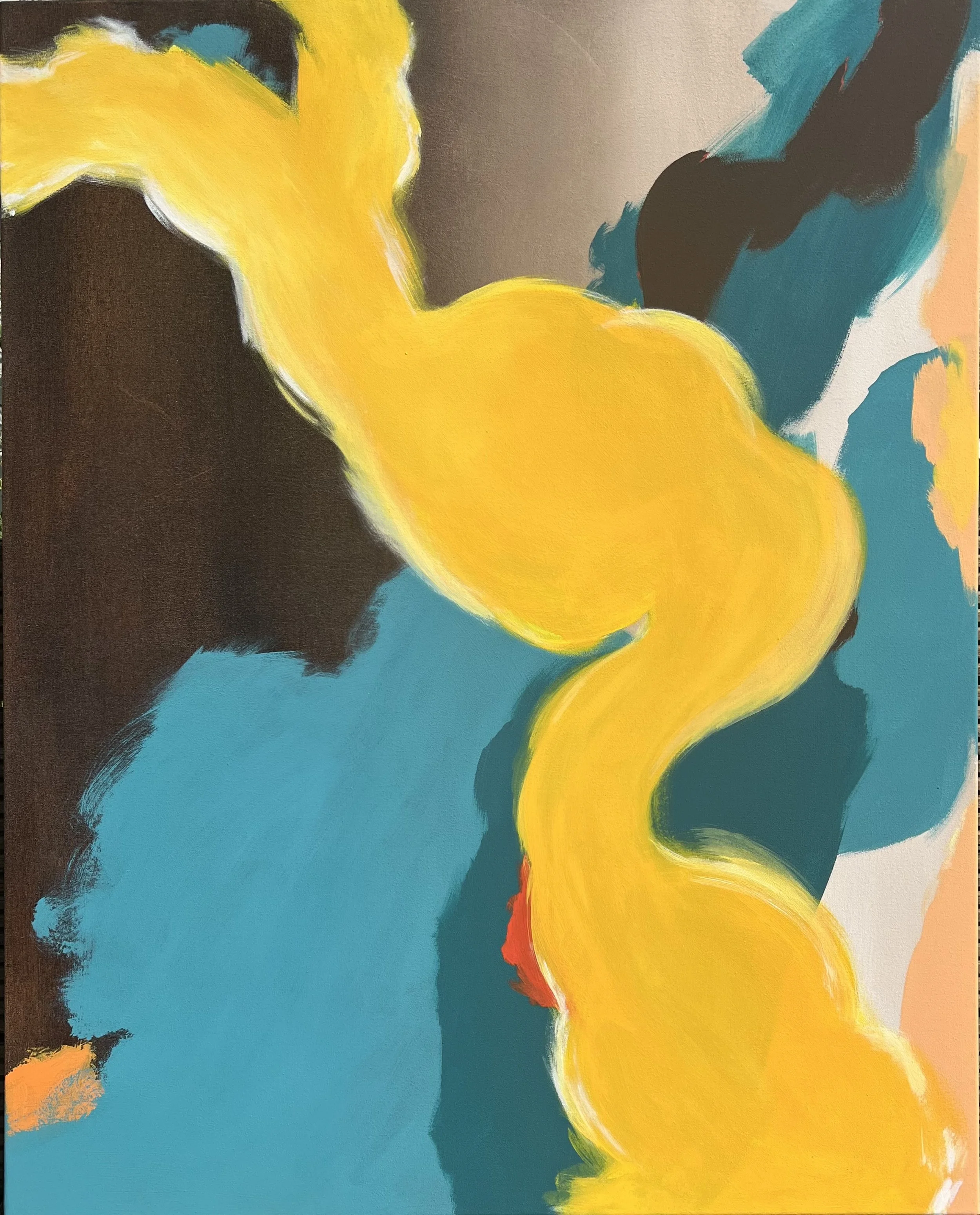 Abstract painting with bold colors: black and dark gray on the left, vibrant yellow and orange in the middle, and teal, blue, and pink on the right, featuring sweeping, curved brush strokes.