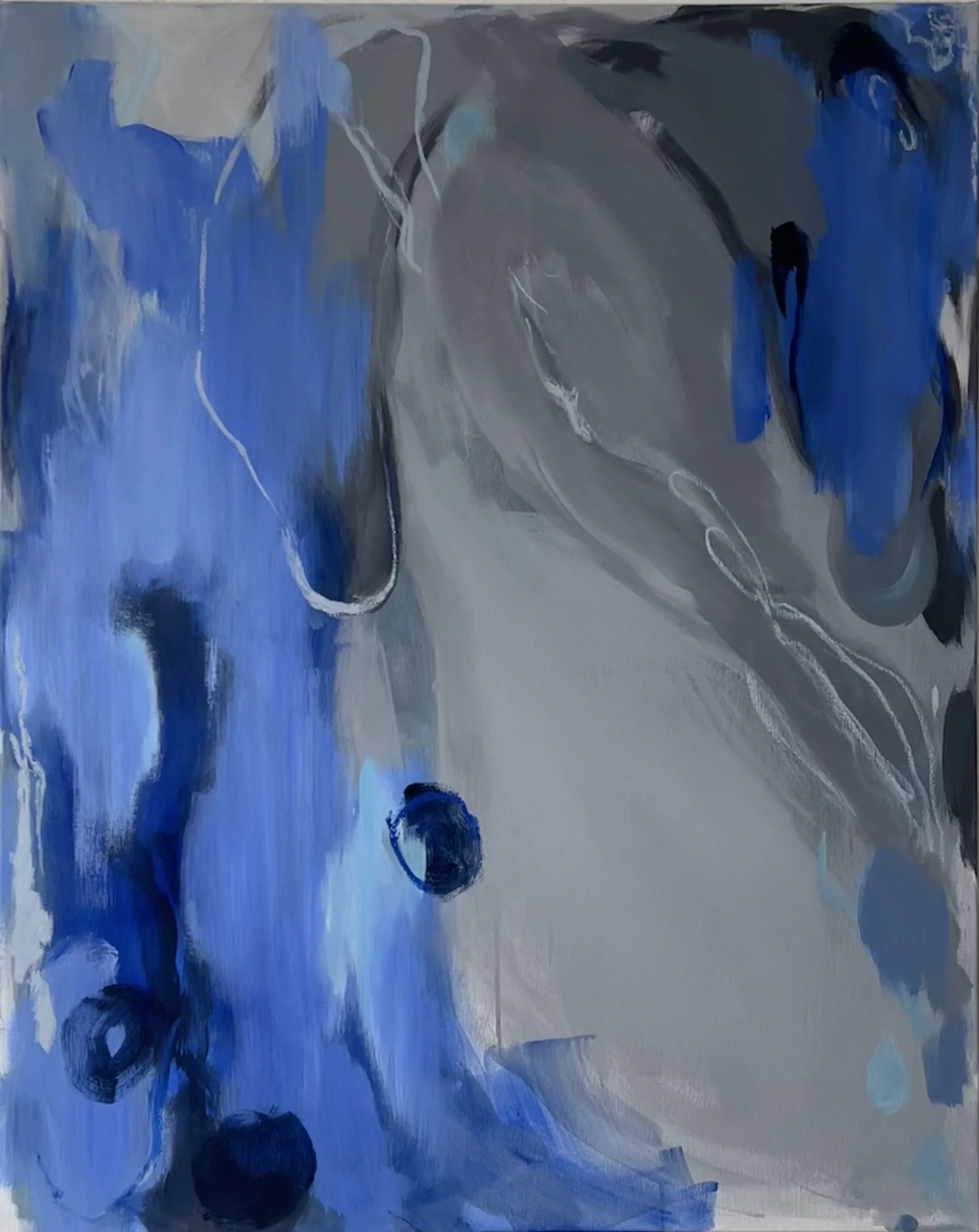 Abstract painting with shades of blue, black, white, and gray, featuring circular shapes and swirling brushstrokes.