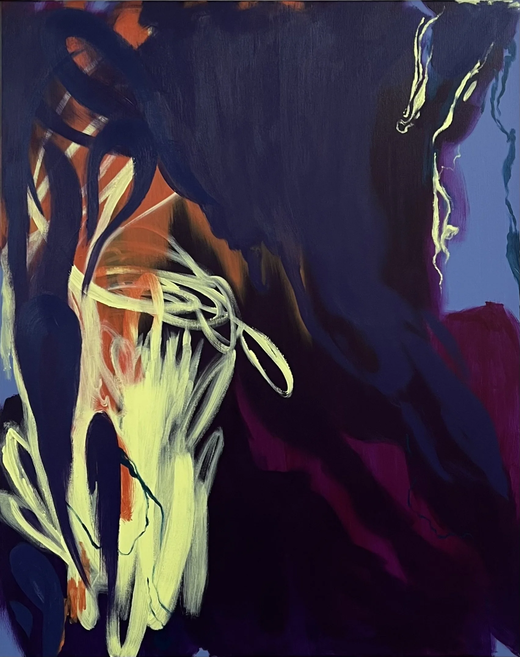 Close-up of an abstract painting featuring vibrant yellow, orange, and purple colors with bold brush strokes and swirling patterns on a dark background.