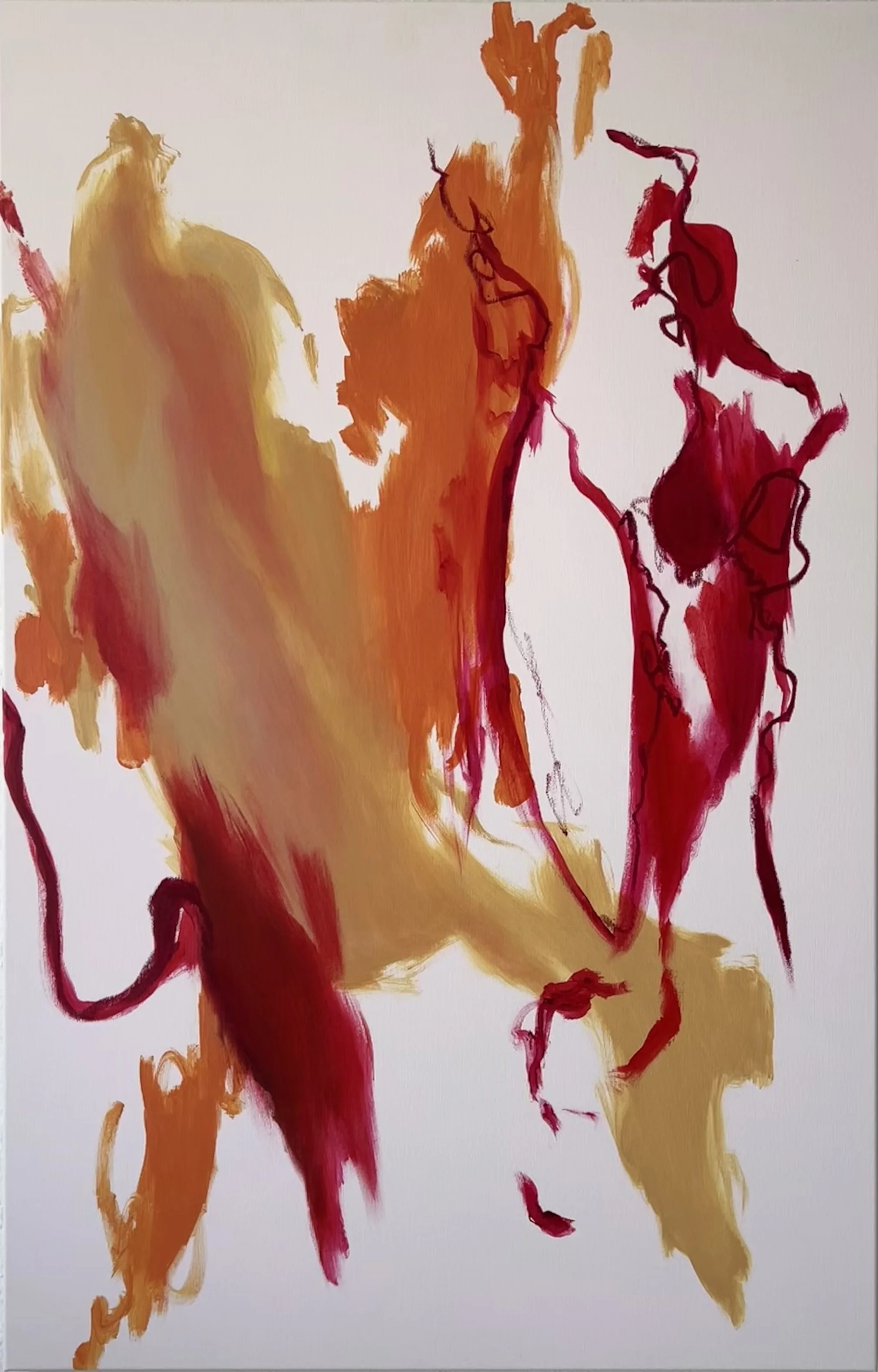 Abstract watercolor painting with warm tones of orange, red, and yellow with sweeping brushstrokes and irregular shapes.