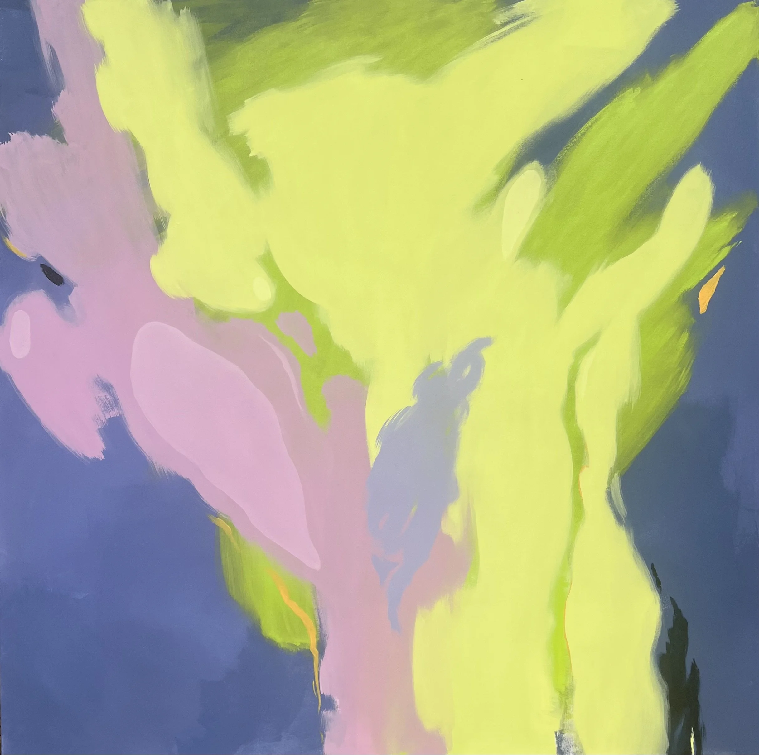 Abstract painting with bold brush strokes in shades of green, pink, yellow, blue, and purple.