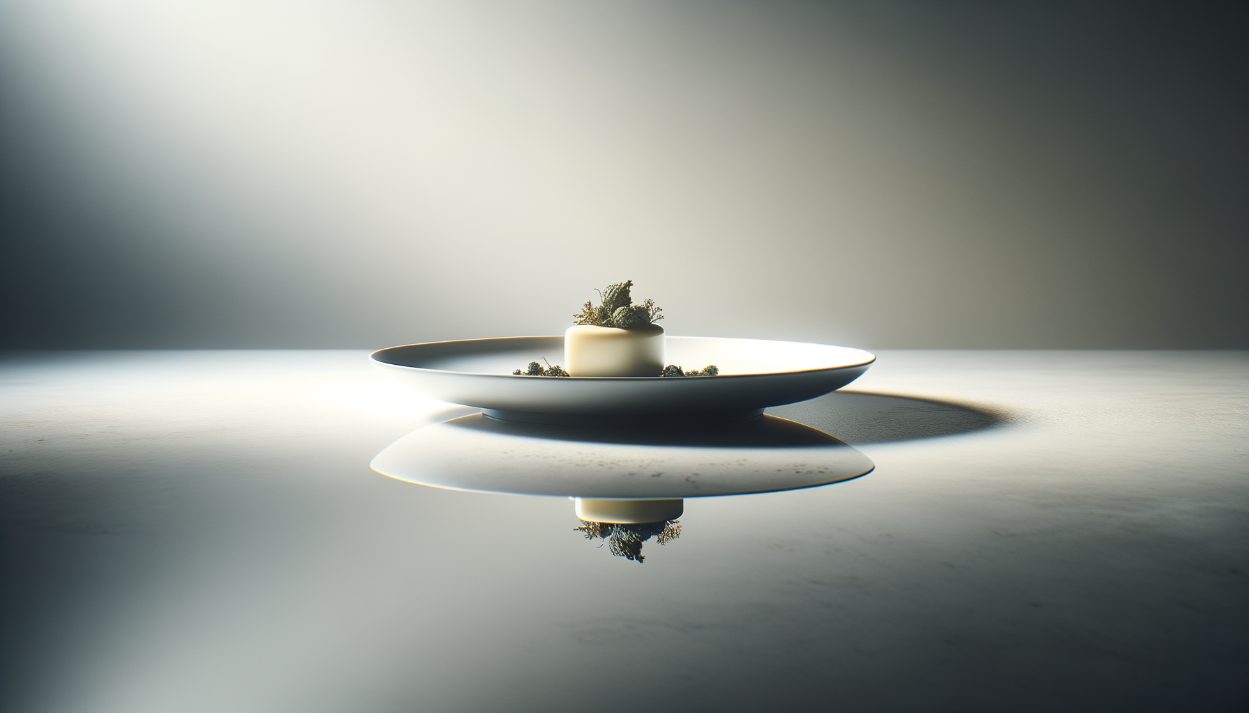 A minimalist white dessert on a white plate with herbs and moss, reflected on a glossy surface with a neutral background.