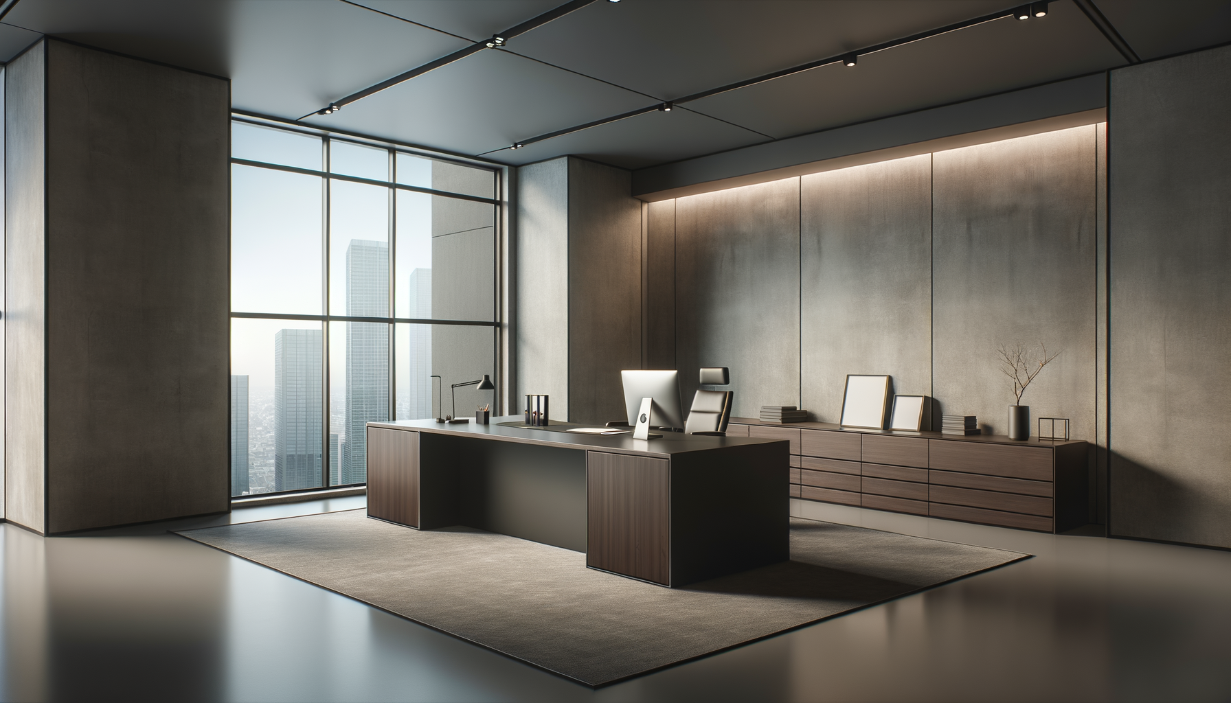 Modern office with a large desk, ergonomic chair, and high-rise city view through floor-to-ceiling windows. Minimalist decor includes a sideboard with framed pictures, stacked books, a potted plant, and a decorative object.