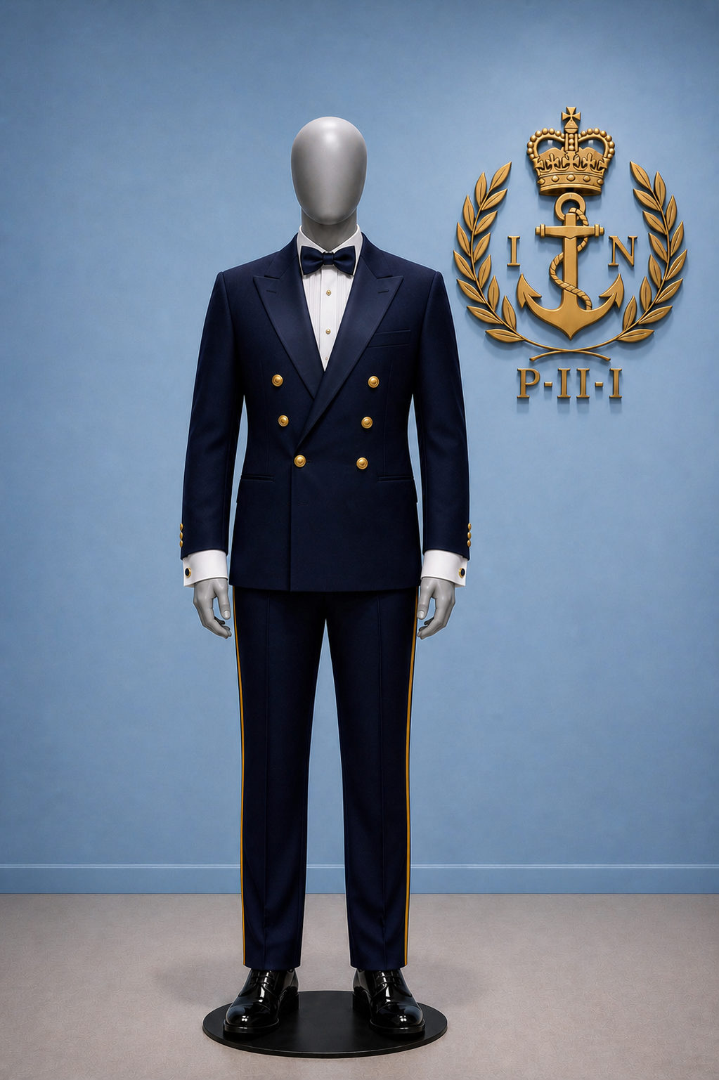Evening dress of a male Navy Officer: Black shoes, Navy blue trousers with gold pinstripes, double breasted Navy blue dinner jacket with six buttons and three on each cuff, white double cuffed shirt with navy blue bow tie.