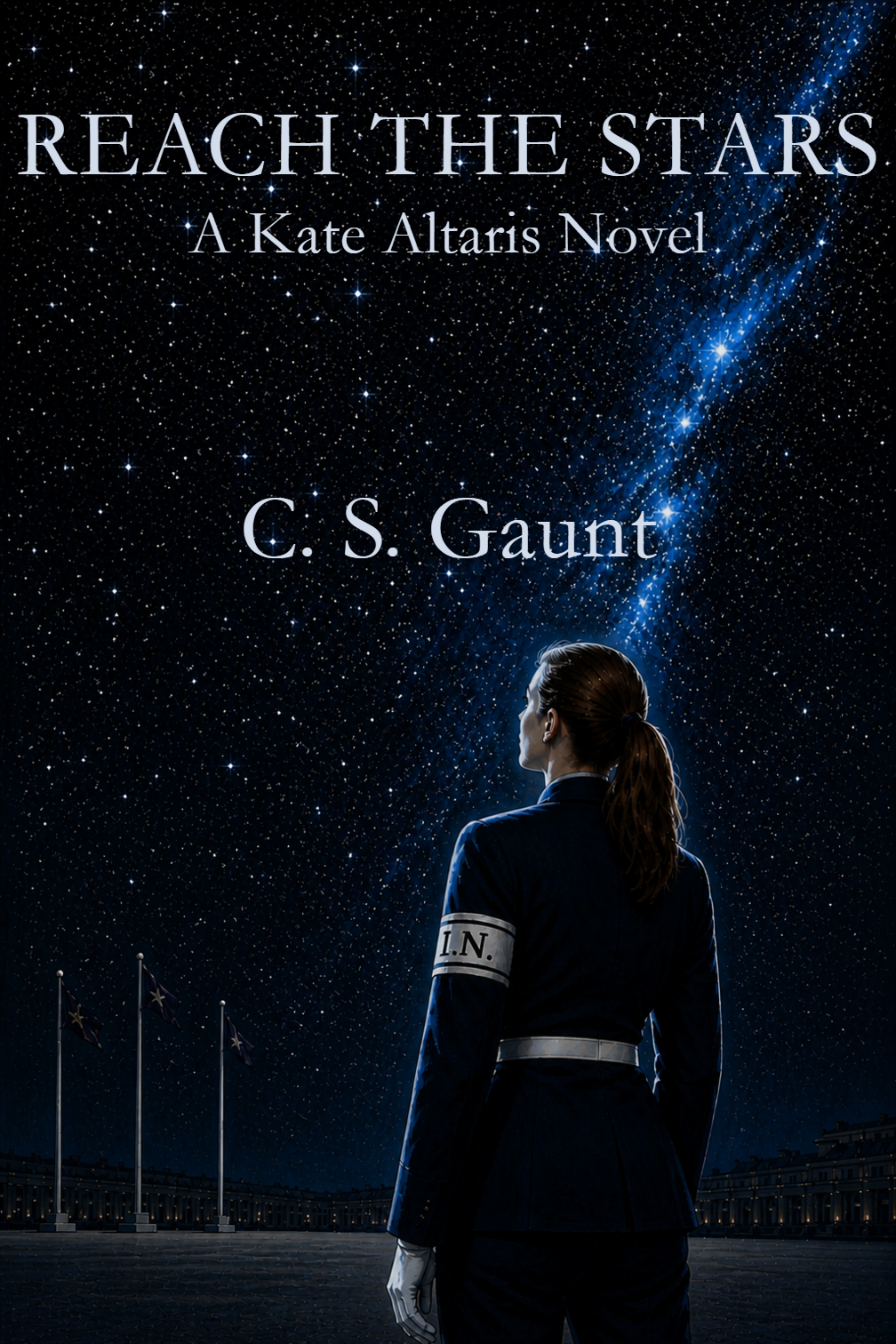 Reach the Stars front cover.  A young woman in the uniform of an Imperial Navy Recruit stands in a huge empty parade ground at night, gazing up at the stars.