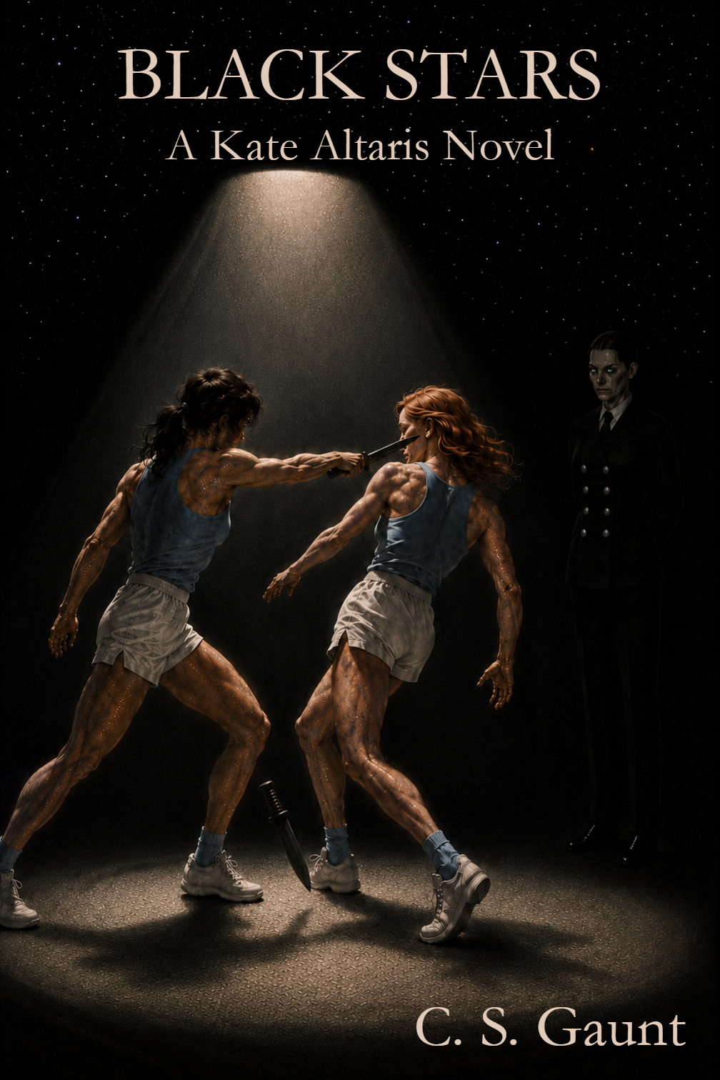 Front cover of Black Stars.  Kate Altaris in gymnastics kit fights a black haired woman also in gym kit with practice weapons, while Emma the Black Hand looks on.