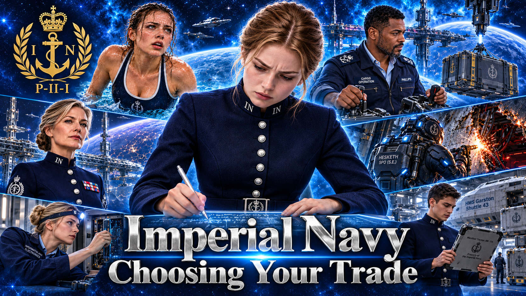 A promotional poster for the movie 'Imperial Navy: Choosing Your Trade.' It features several peopl in navy uniforms, some working with technology, others in space or industrial settings, with a space background showing planets, stars, and spacecraft.