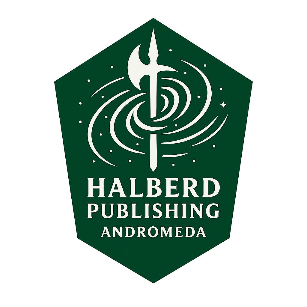 Logo of Halberd Publishing of Andromeda.  A green hexagonal shield showing a halberd in the centre of a galaxy.
