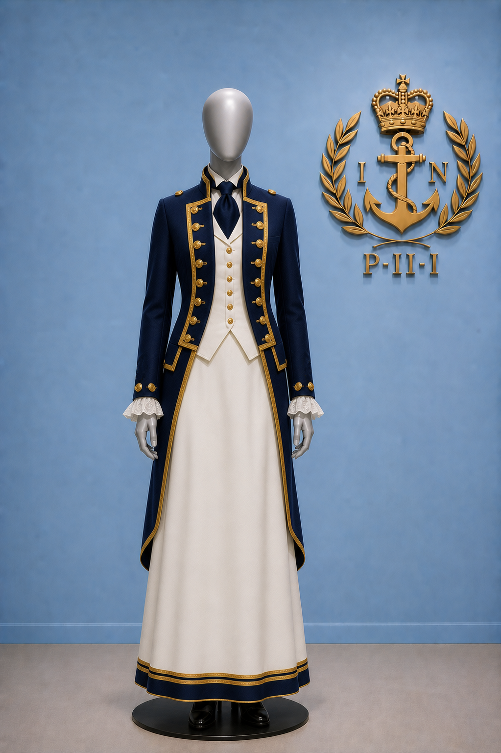 Ceremonial dress of a female Navy officer.  Same as the male version except for a white ankle length skirt with navy blue and gold edging instead of the knee britches.