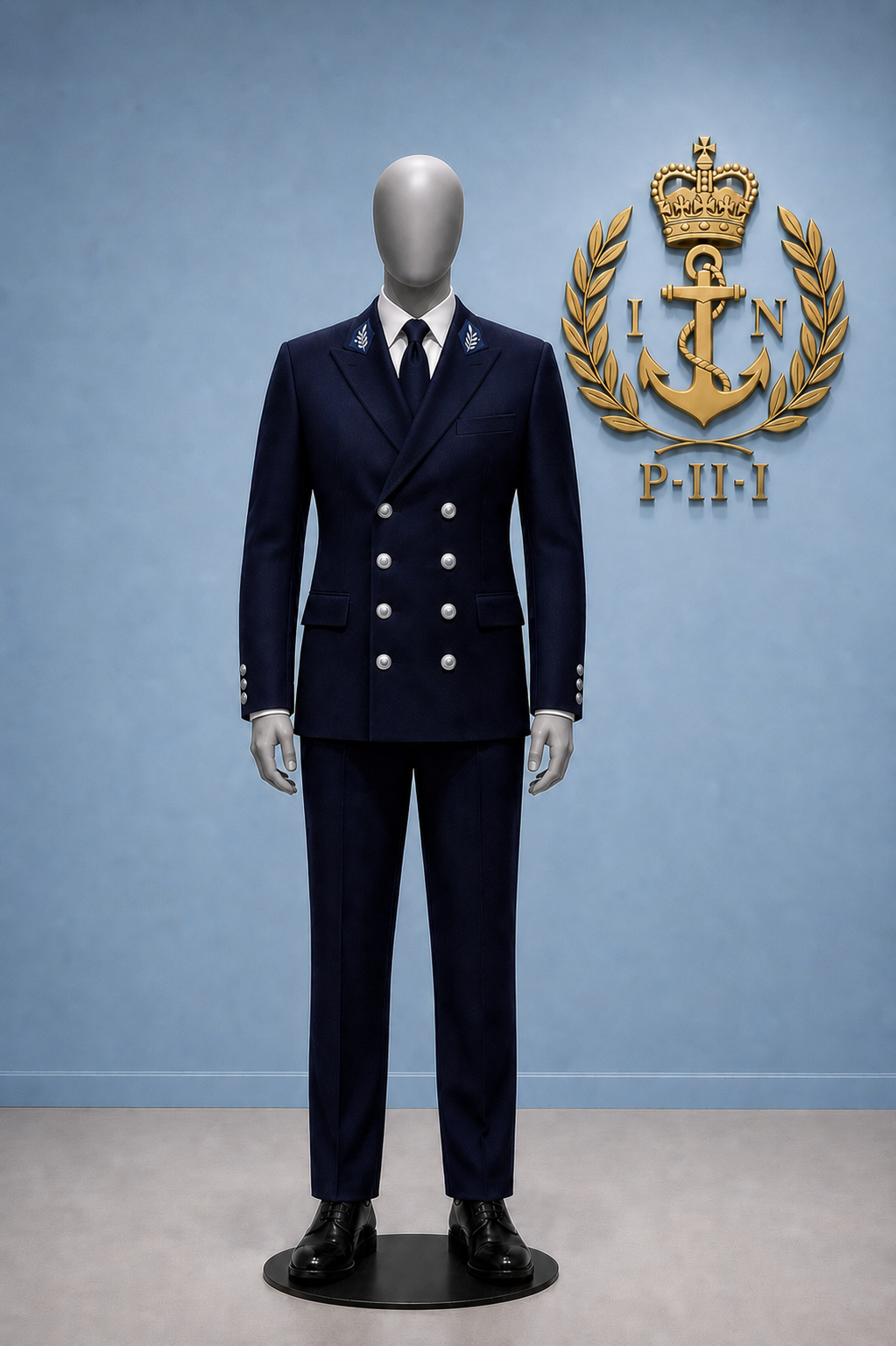 Navy Midshipman deck dress.  Same as an officer's except that the buttons are silver and the midshipman collar patch (silver laurel on a blue background) is worn on each side of the collar.
