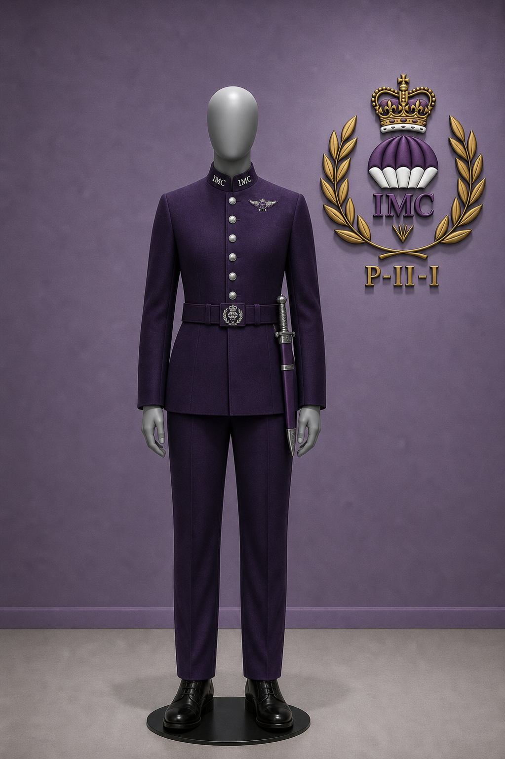 Male enlisted marine deck dress: Black boots, purple trousers, high collar single breasted purple jacket with silver buttons and IMC in silver at the collar.  Marine wing badge at the left breast. Purple stable belt, bayonet worn on the left.