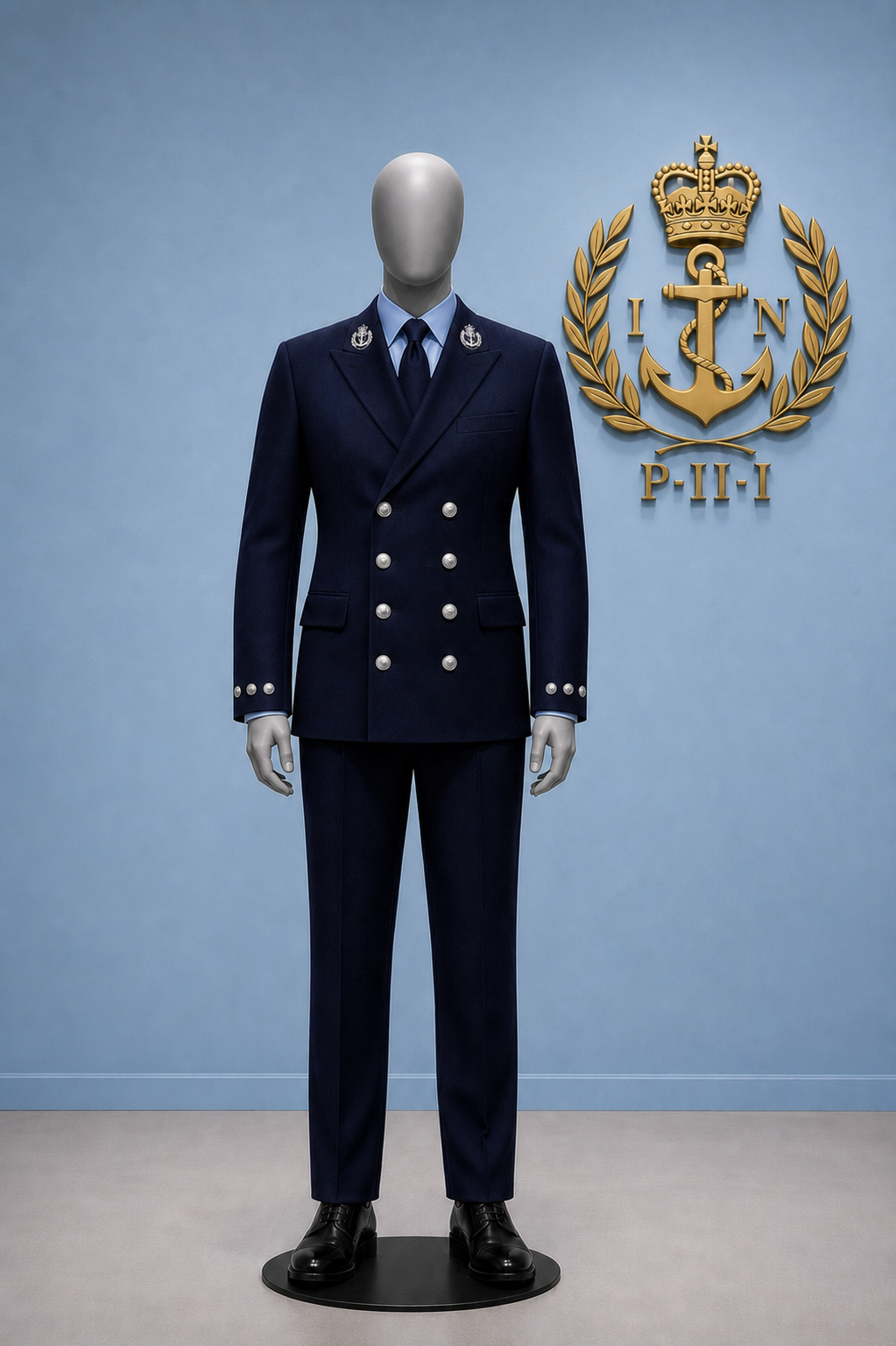 Male Navy Warrant Officer deck dress: black boots, navy blue trousers, double breasted navy blue jacket with eight silver buttons, and three on each cuff, arranged horizontally. Navy crests in silver at the collar. Light blue shirt, navy blue tie.