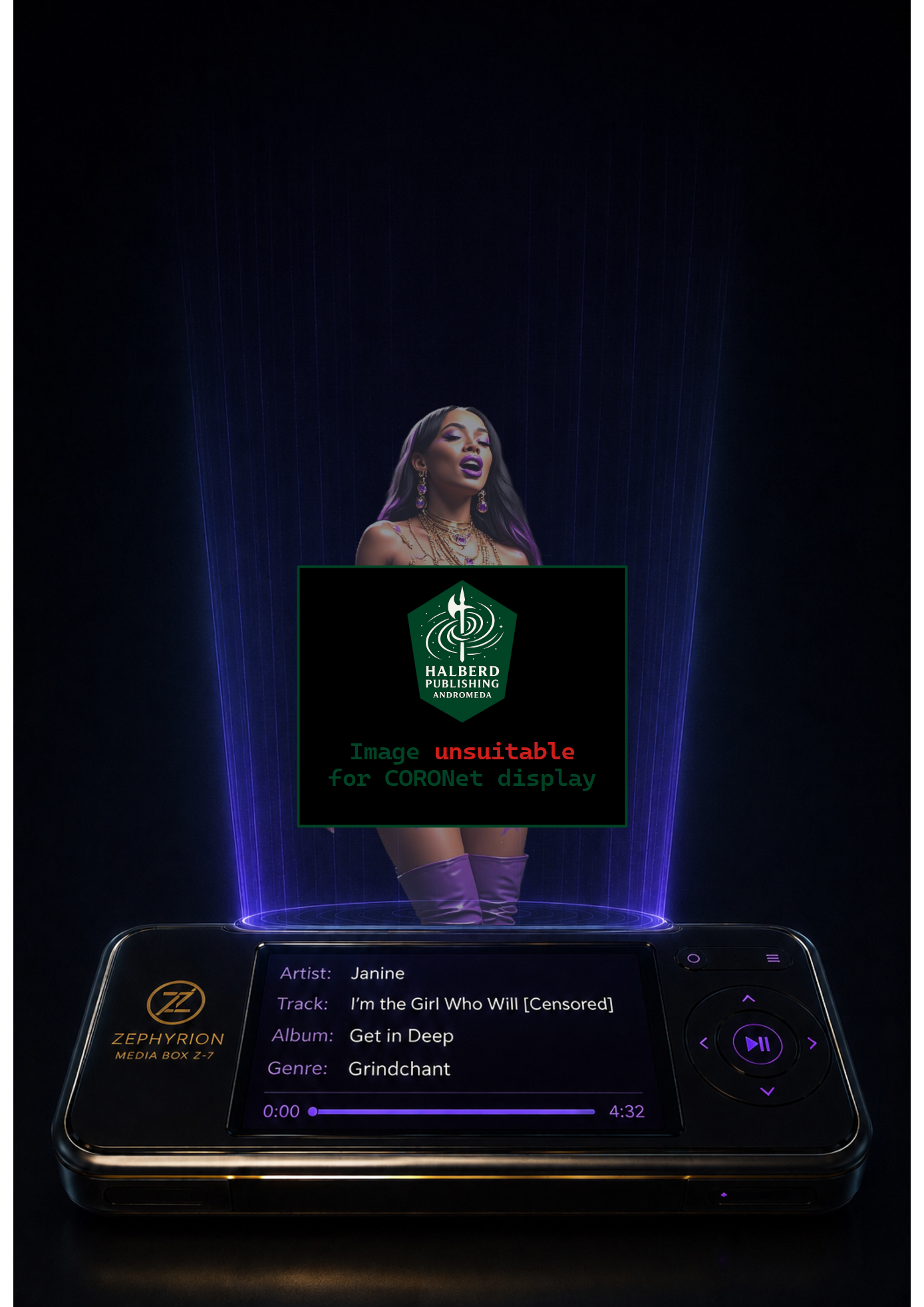 An 82nd Century Media Box playing the song "I'm the girl who will [censored]" by grindchantrice Janine.  It projects a hologram of the singer, but most of her body is covered by a Halberd Publishing notice that says "unsuitable for CORONet display."