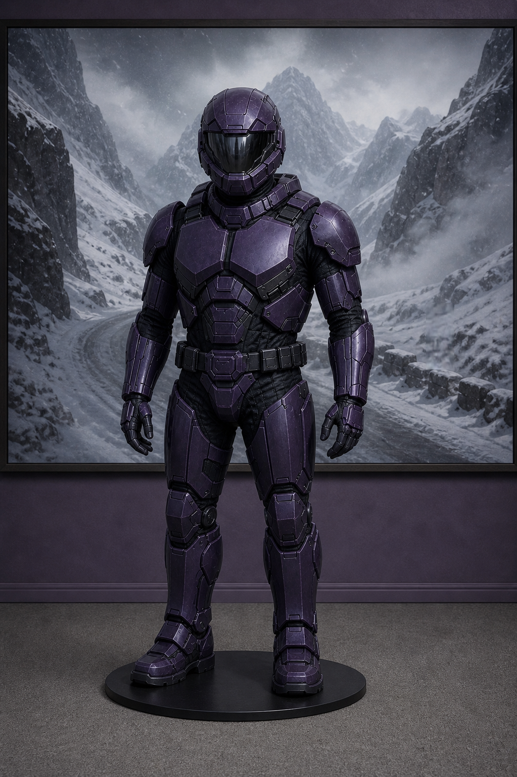 NX17 Model C Battle Armour in marine corps purple.  Composite purple armour plates over a black carbonite frame. Purple helmet with black visor.