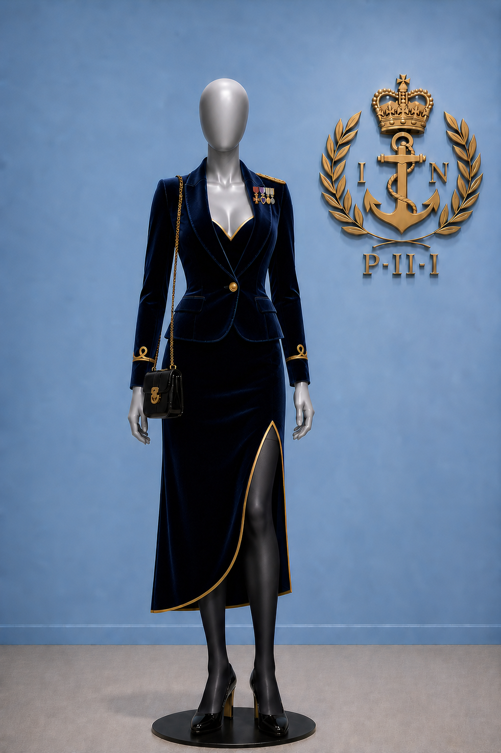 Female Navy officer's evening dress as Kate Altaris would have worn in June 8105.  Has a single hoop for Third Lieutenant on each wrist of the dinner jacket, plus a gold lace epaulette on the left shoulder, and Kate's four medals at the left breast.
