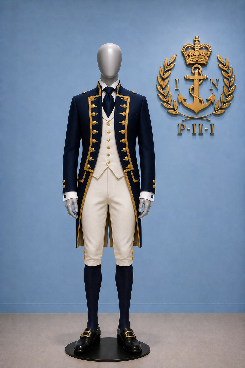 Ceremonial dress of a male Navy officer. Black shoes with gold buckles, blue stockings, white knee britches, white waistcoat with gold buttons, white shirt with navy blue cravat.  Navy blue frock coat with gold edging.